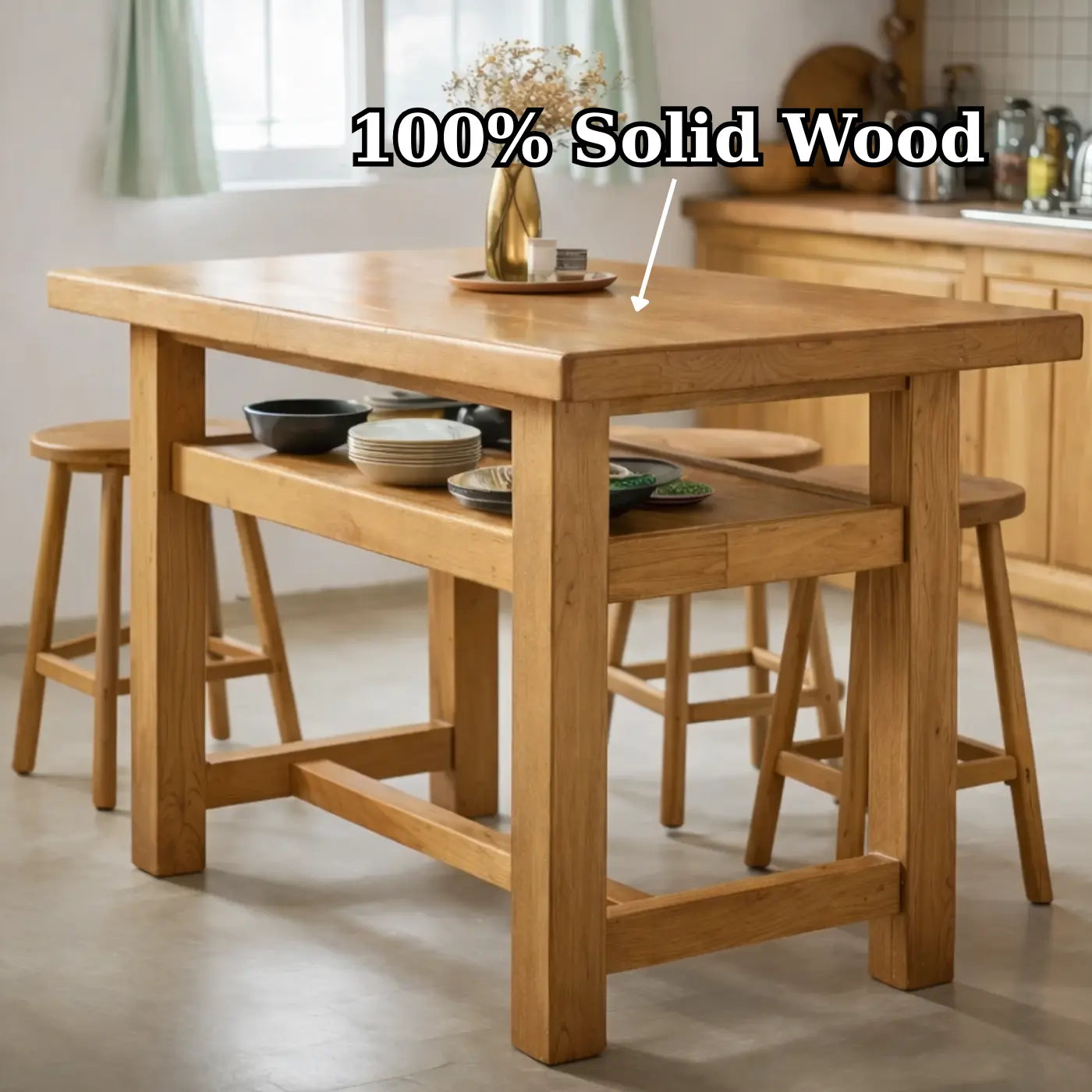 Solid Wood Kitchen Island Table with Open Shelf Storage and Spacious Prep Surface Kitchnce