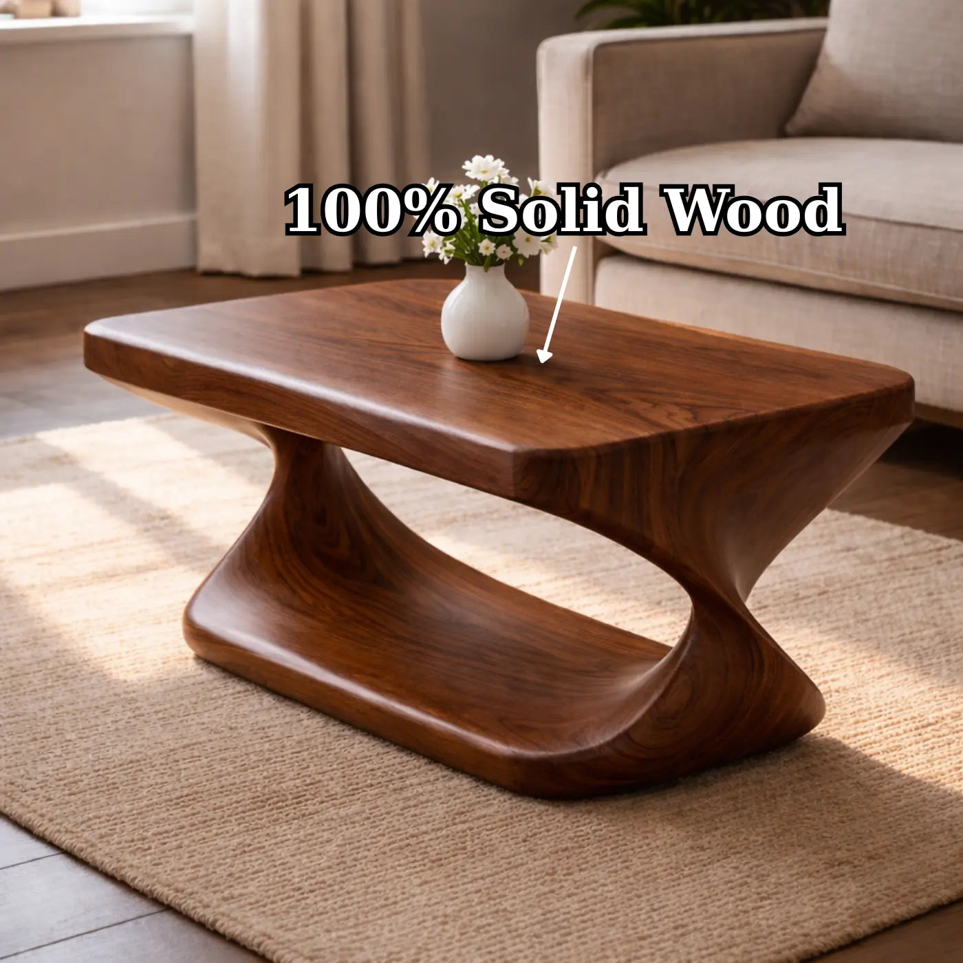 Modern Solid Wood Coffee Table with Sculptural Curved Base and Rectangular Wood Top Kitchnce