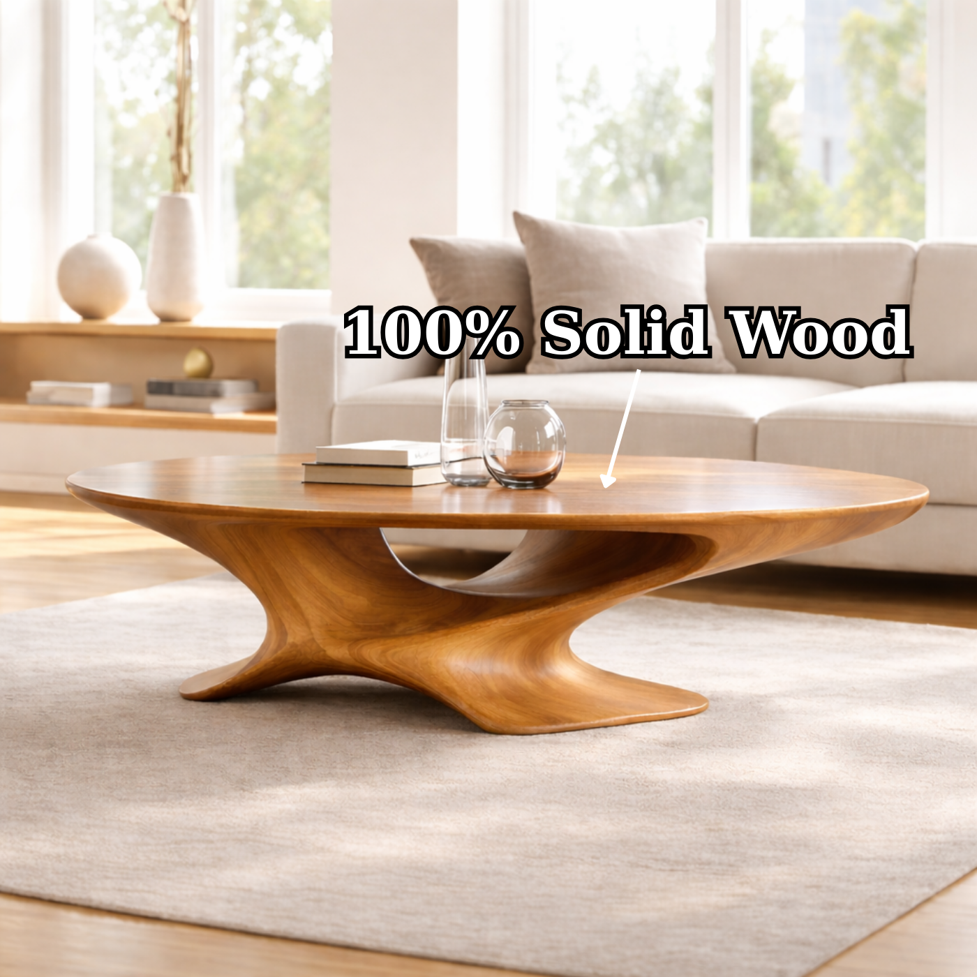 Modern Solid Wood Coffee Table with Sculptural Base and Round Wooden Living Room Table