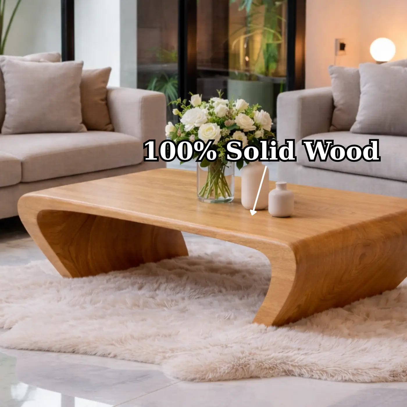 Modern Solid Wood Coffee Table with Sculptural Curved Base Minimalist Living Room Table Kitchnce