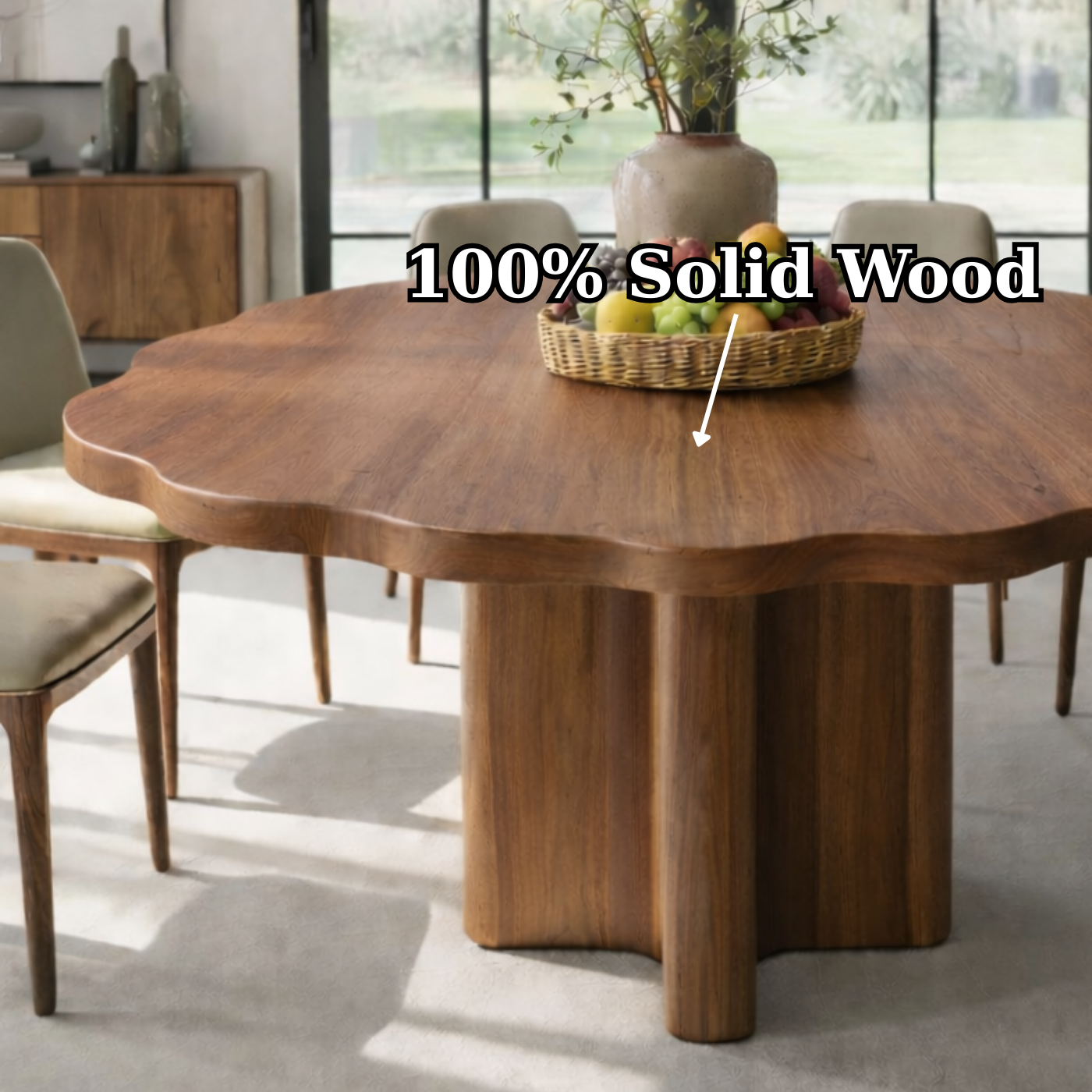 Round Solid Wood Dining Table with Sculptural Pedestal Base Modern Rustic Table