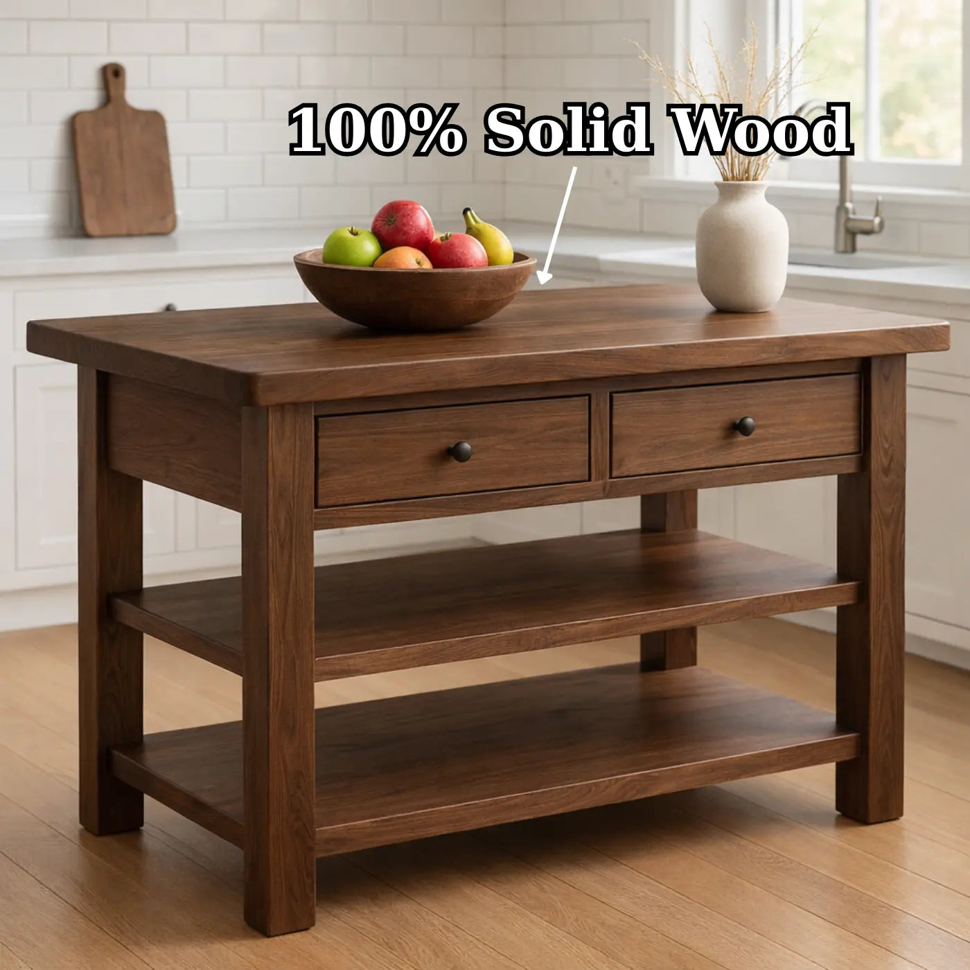 Solid Walnut Kitchen Island Table with Drawers and Shelves, Wooden Kitchen Prep Station Kitchnce