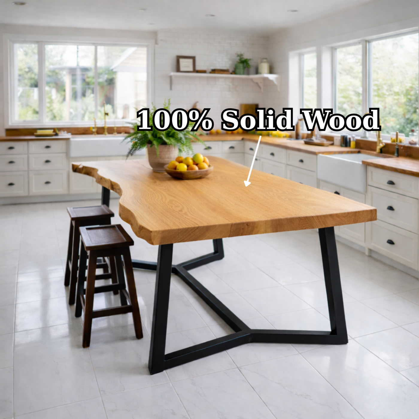 Live Edge Solid Wood Dining Table with Modern Black Metal Legs Rustic Kitchen Table