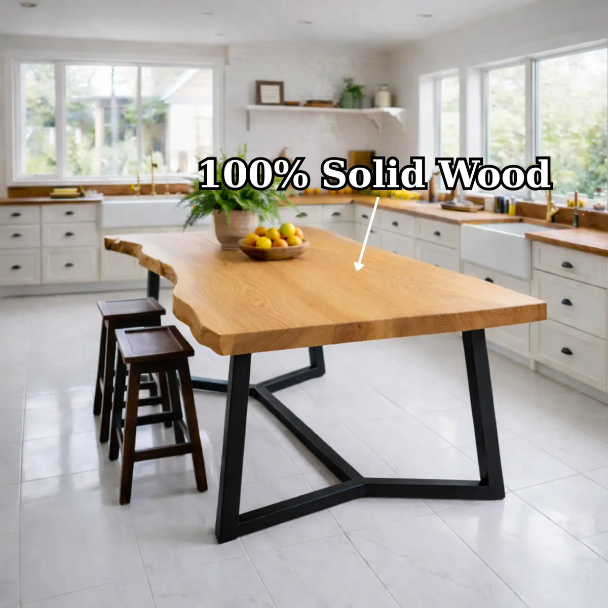 Live Edge Solid Wood Dining Table with Modern Black Metal Legs Rustic Kitchen Table Kitchnce