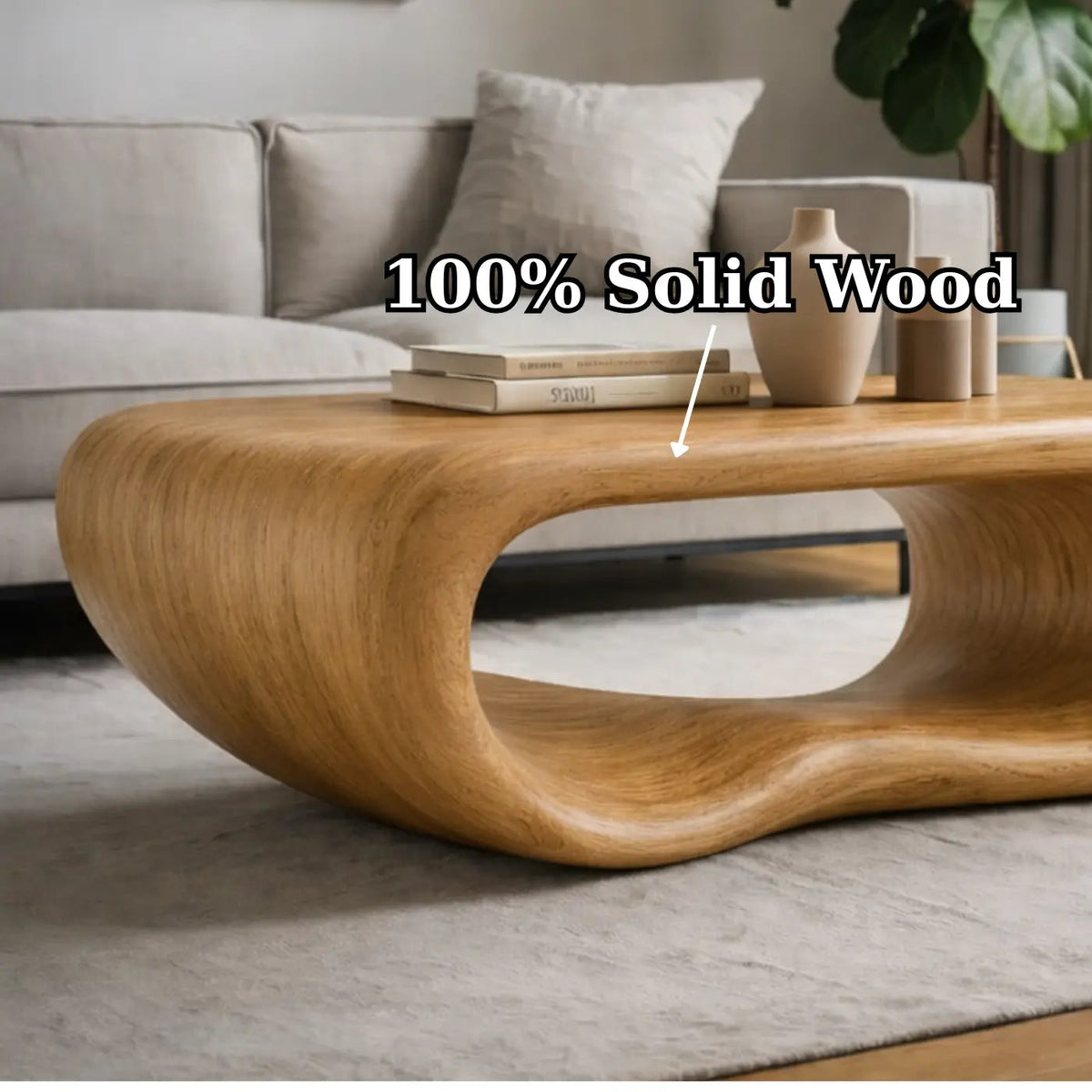 Modern Solid Wood Coffee Table with Sculptural Curved Design Minimalist Living Room Table Kitchnce