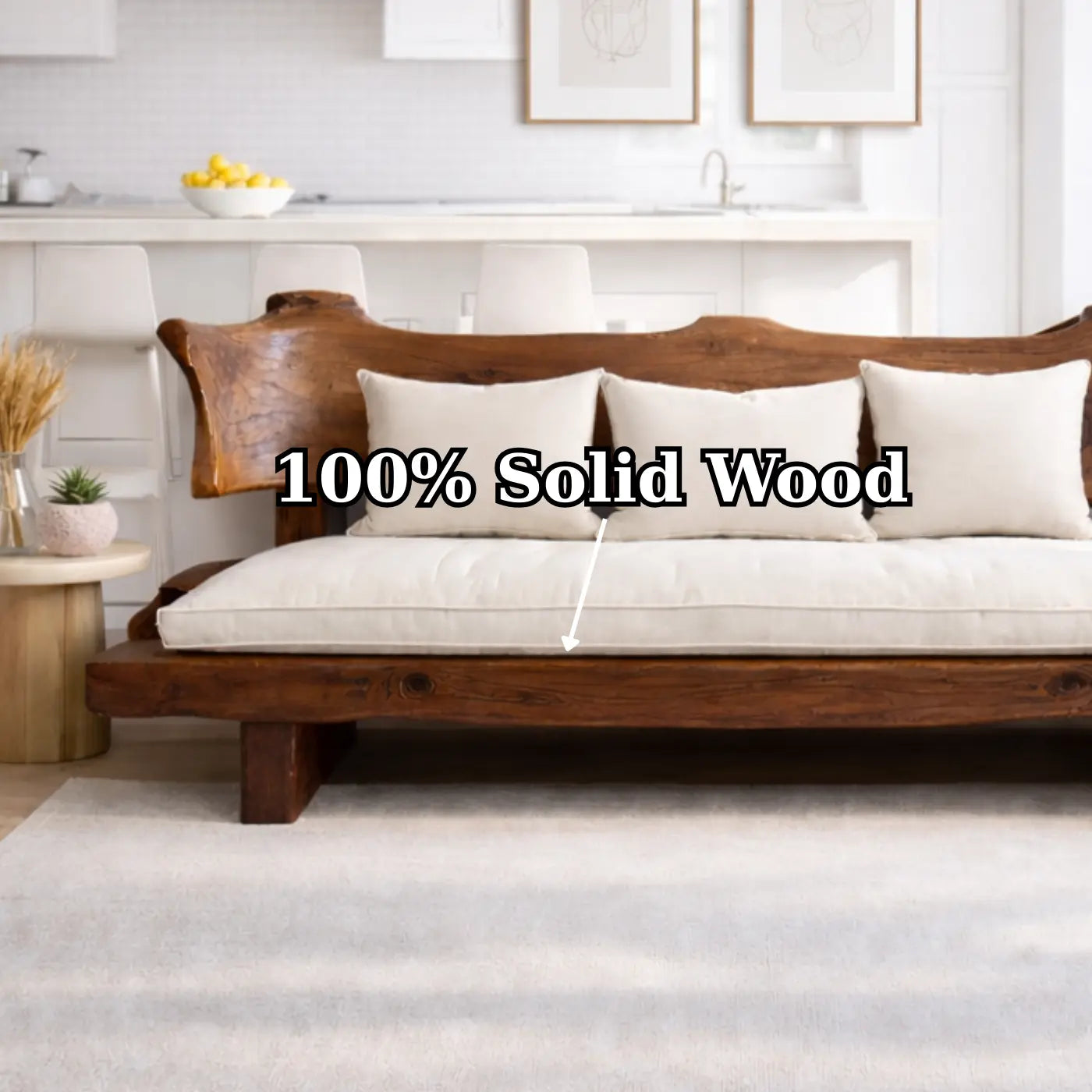 Live Edge Solid Wood Sofa Rustic Natural Wood Couch Handmade Organic Living Room Sofa Kitchnce