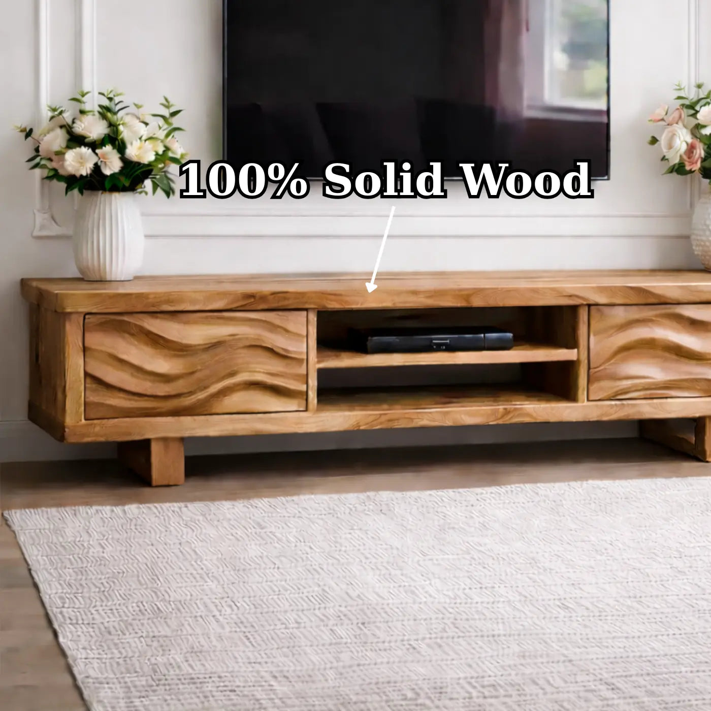 Solid Wood TV Stand with Wave Pattern Doors Modern Wooden Media Console for Living Room Kitchnce