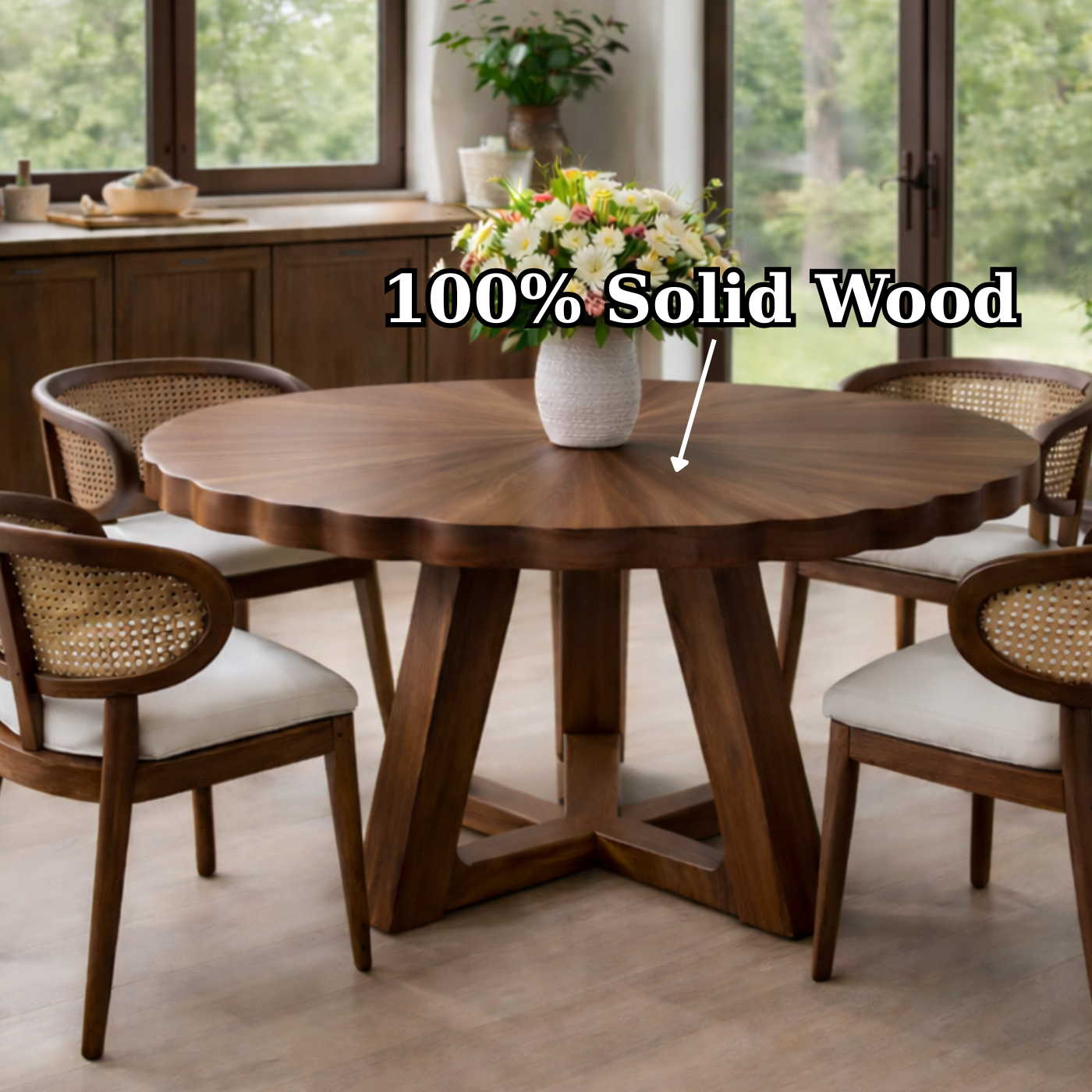 Round Solid Wood Dining Table with Scalloped Edge and Sculptural Base