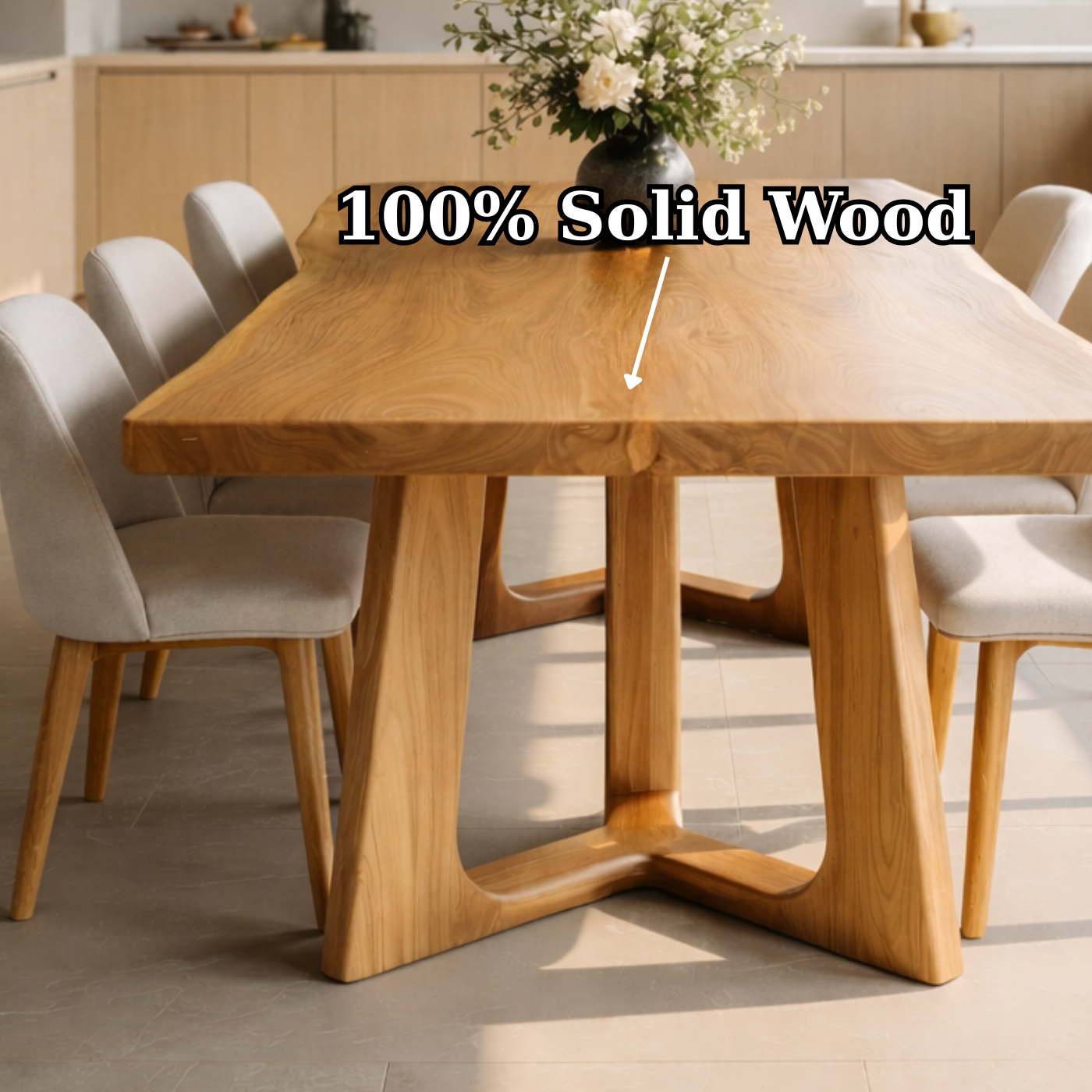 Organic Solid Wood Dining Table with Sculptural Pedestal Base