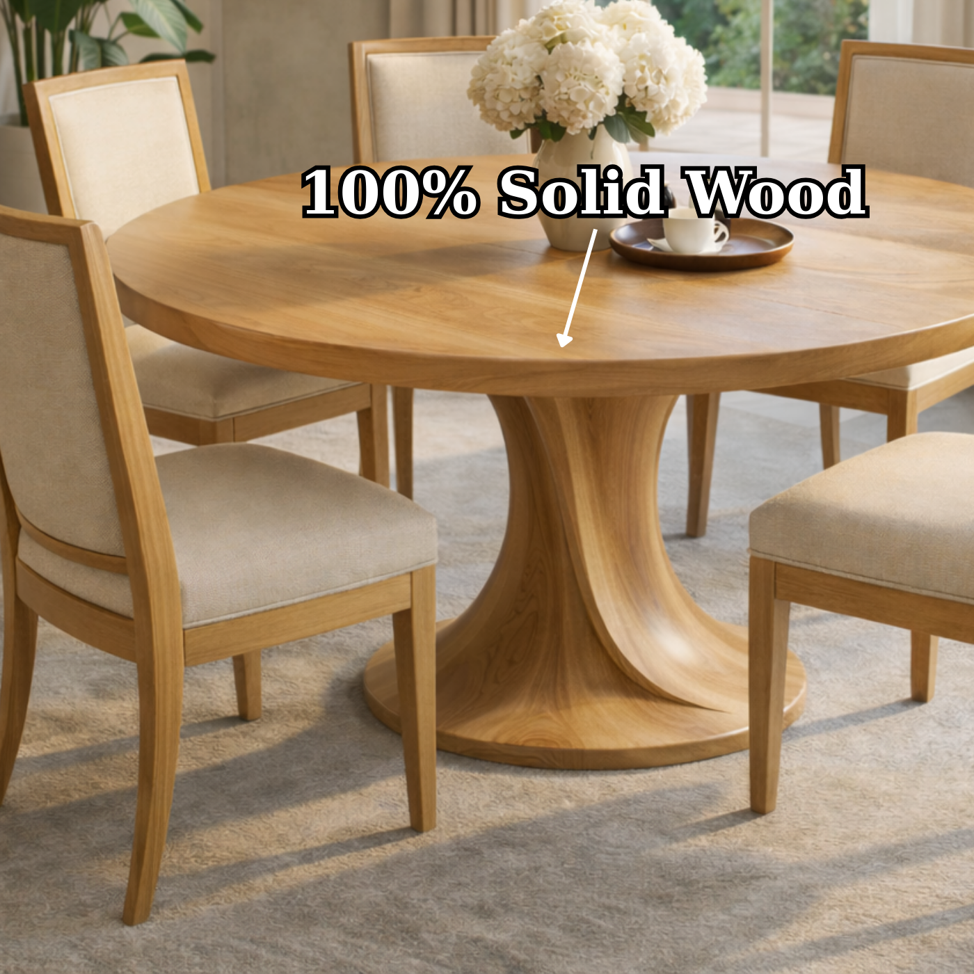 Round Solid Wood Dining Table for Modern Home with Pedestal Base
