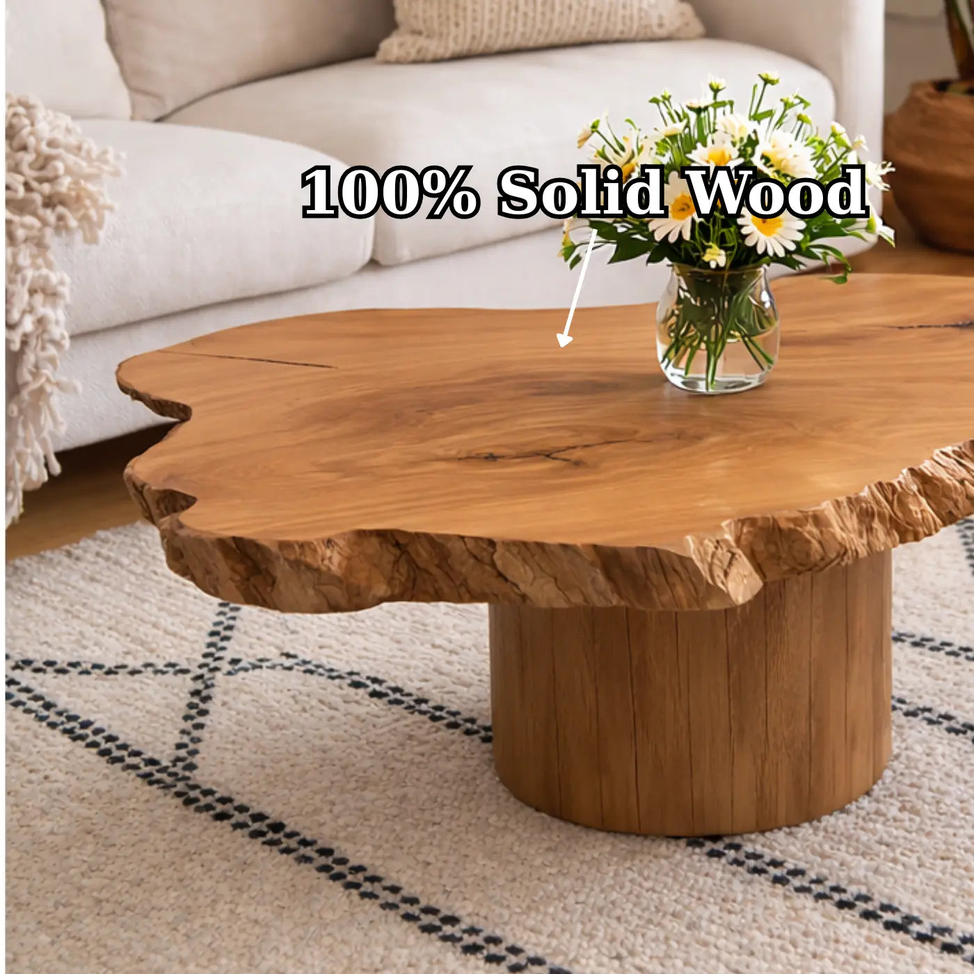 Live Edge Solid Wood Coffee Table for Living Room with Pedestal Base Kitchnce