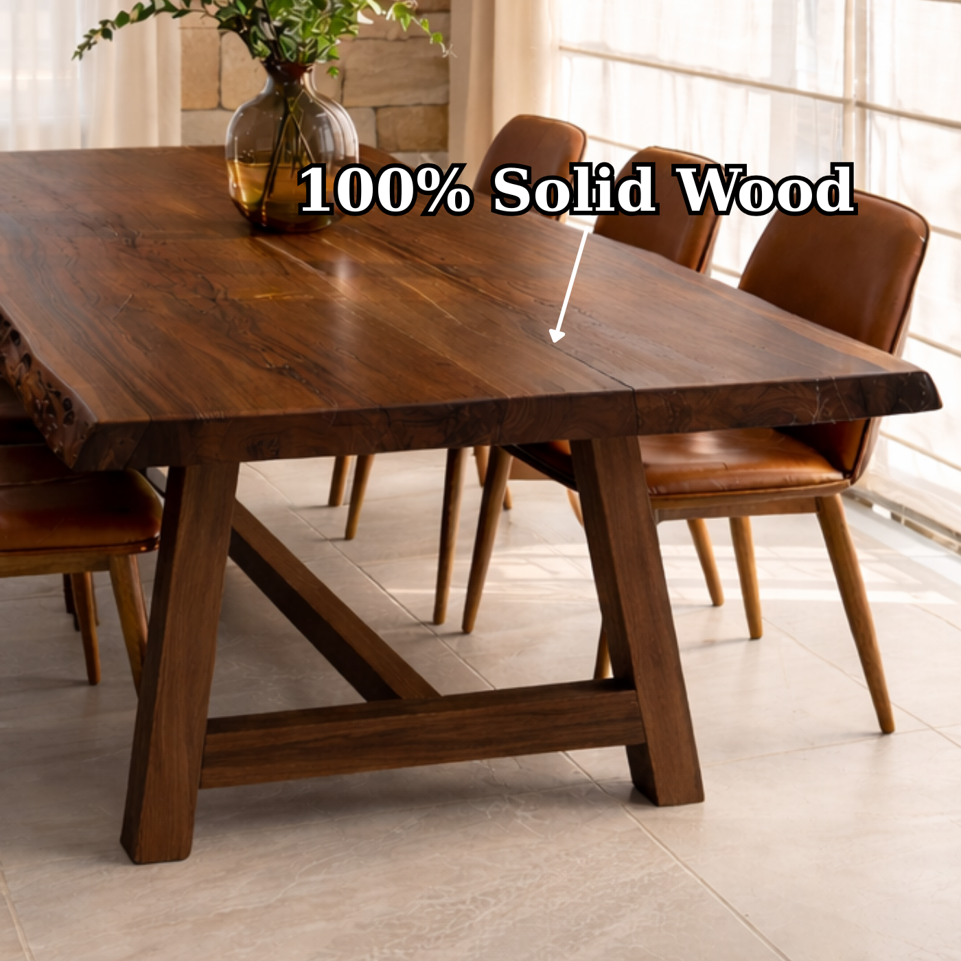 Live Edge Solid Wood Dining Table for Dining Room with Wooden Base