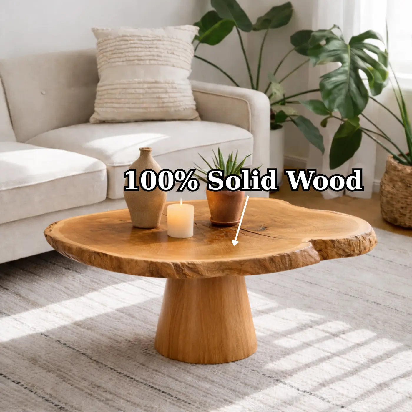 Live Edge Solid Wood Coffee Table for Living Room with Pedestal Base Kitchnce
