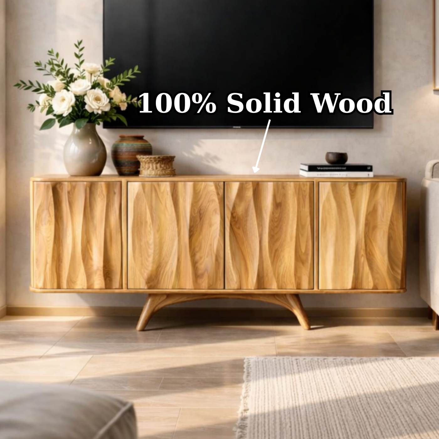 Solid Wood TV Stand for Living Room with Cabinet Storage