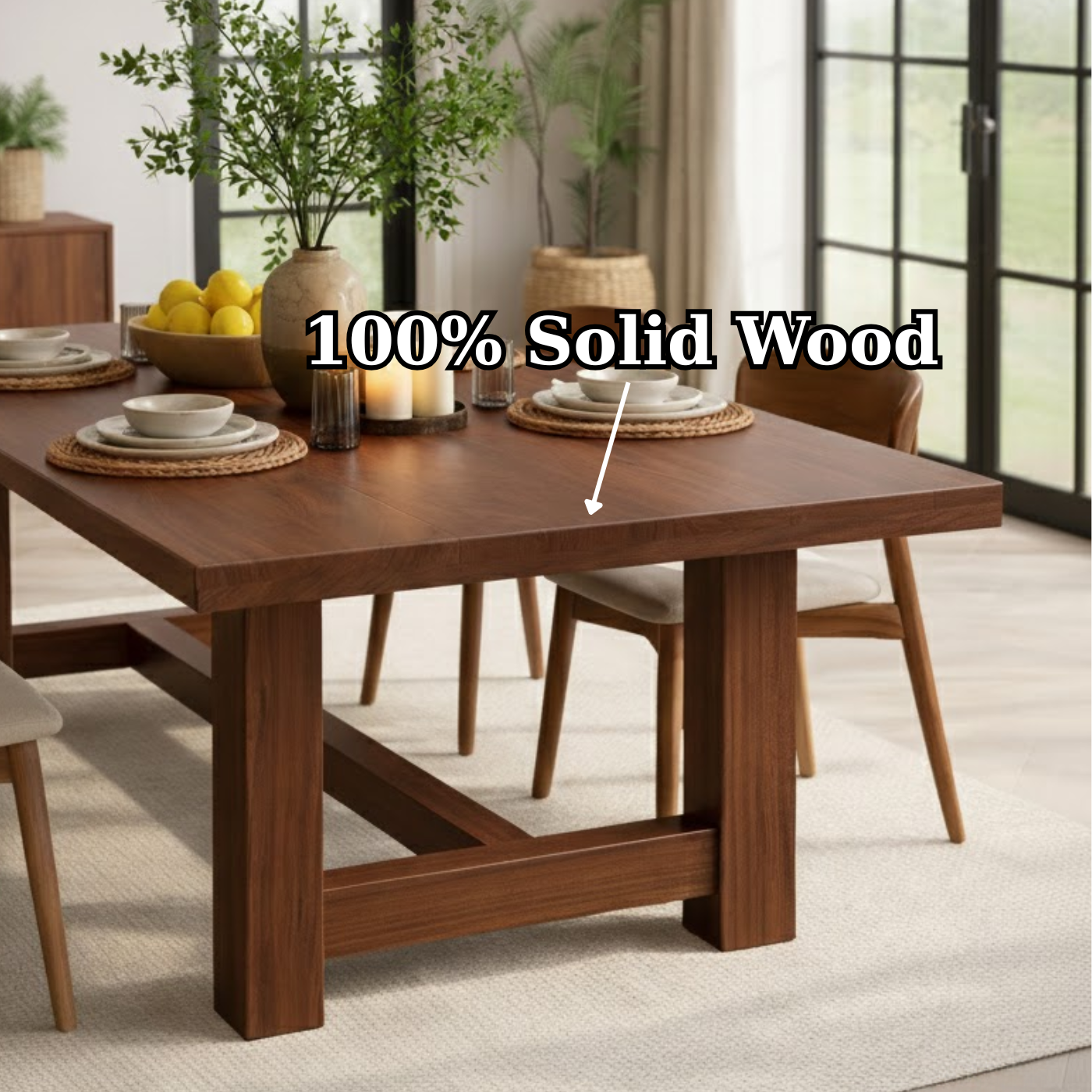 Solid Wood Rectangular Dining Table Modern Trestle Base