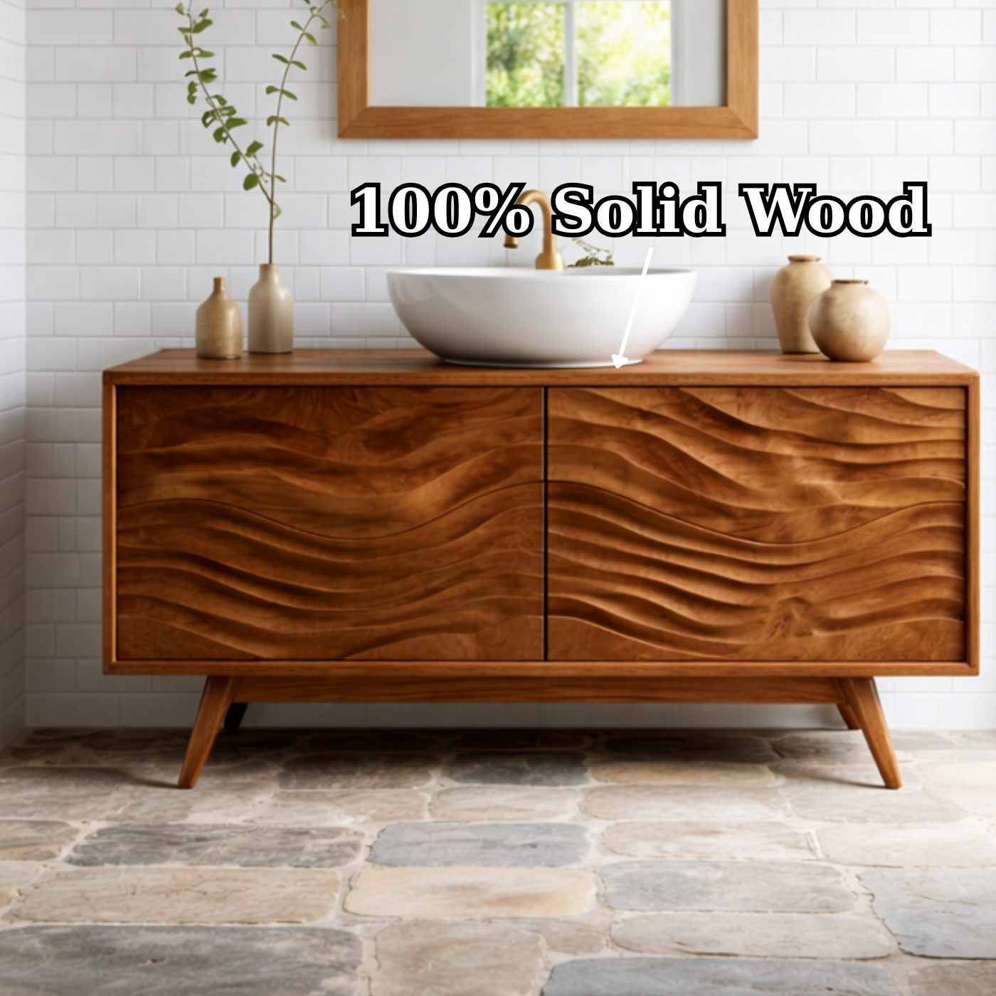 Solid Wood Bathroom Vanity with Wavy Surface Design and Storage Cabinet