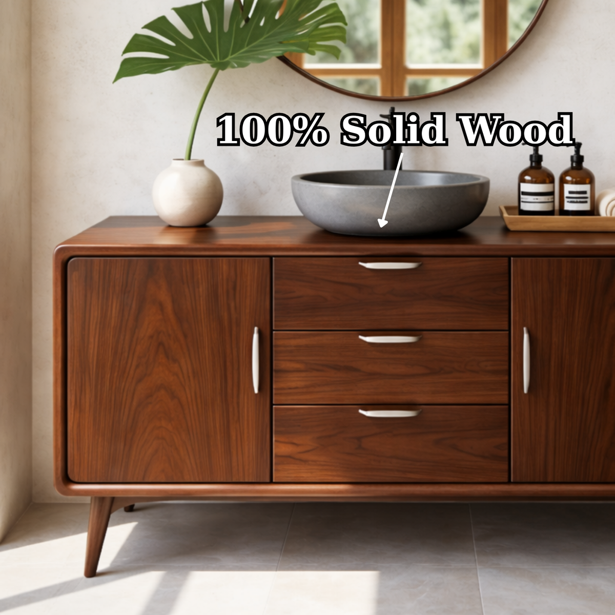 Mid Century Solid Wood Bathroom Vanity with Drawer Storage and Cabinet Doors