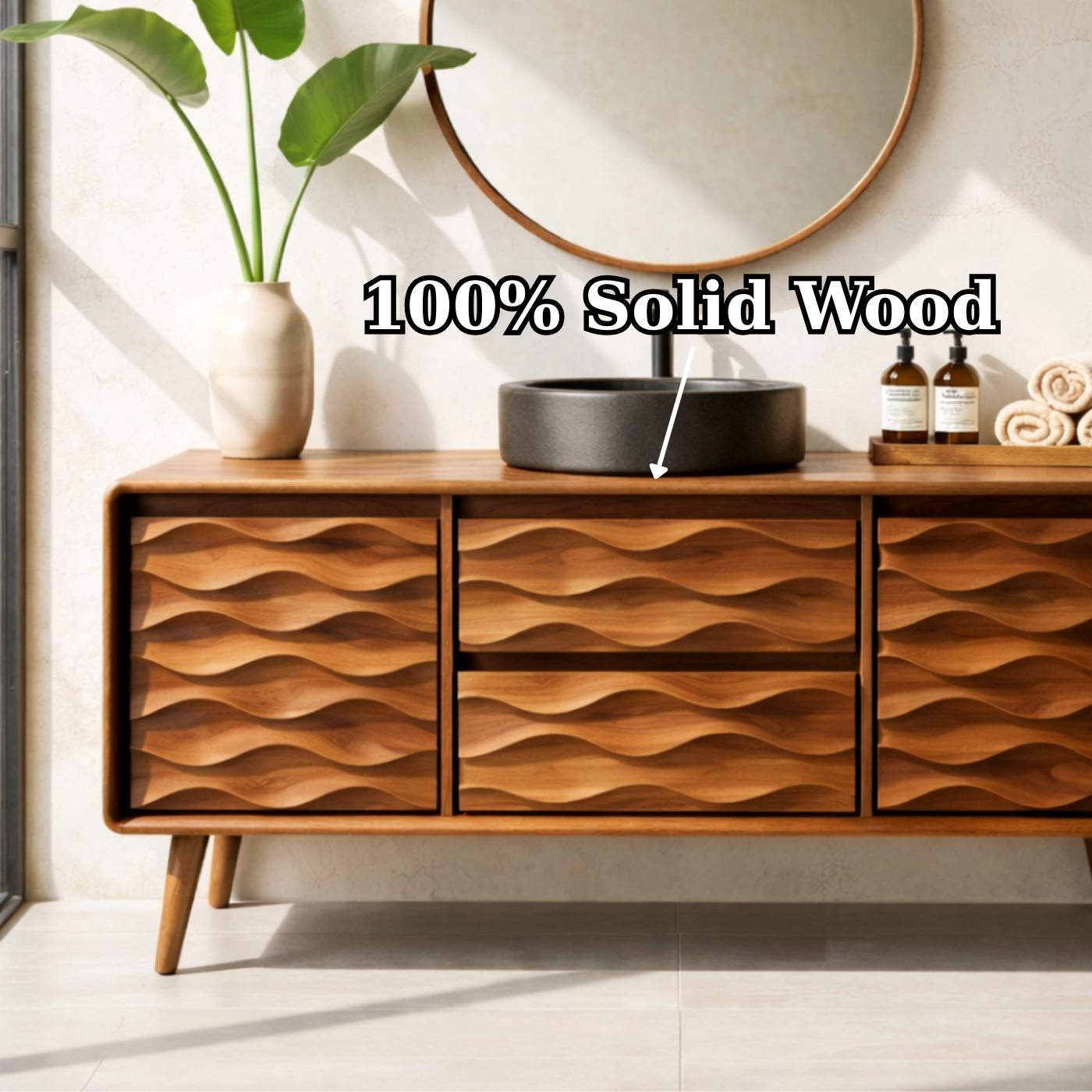 Solid Wood Bathroom Vanity with Layered Wavy Front Panels and Storage Drawers