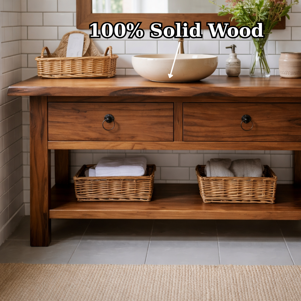 Solid Wood Bathroom Vanity with Open Shelf Storage and Double Drawer Design