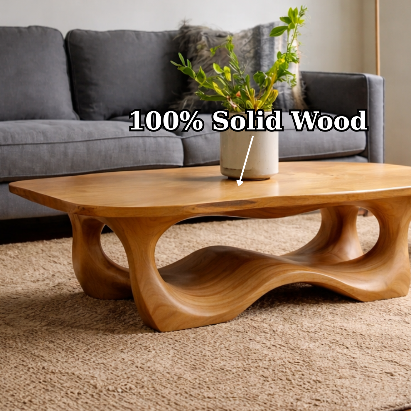 Solid Wood Coffee Table with Sculptural Base and Organic Curved Design