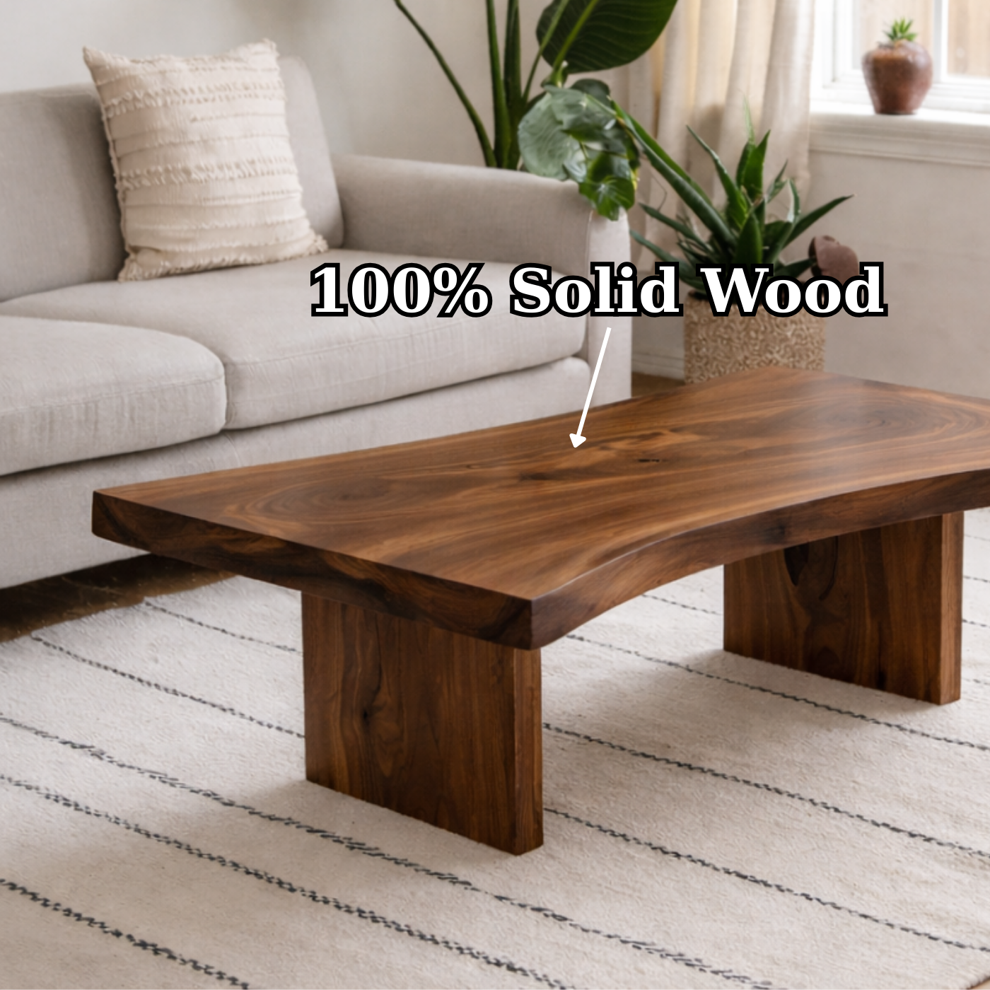 Solid Wood Coffee Table with Live Edge Top and Minimal Block Legs
