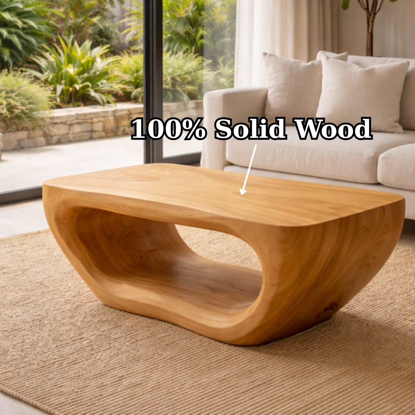 Solid Wood Coffee Table with Sculptural Hollow Base and Smooth Curved Design