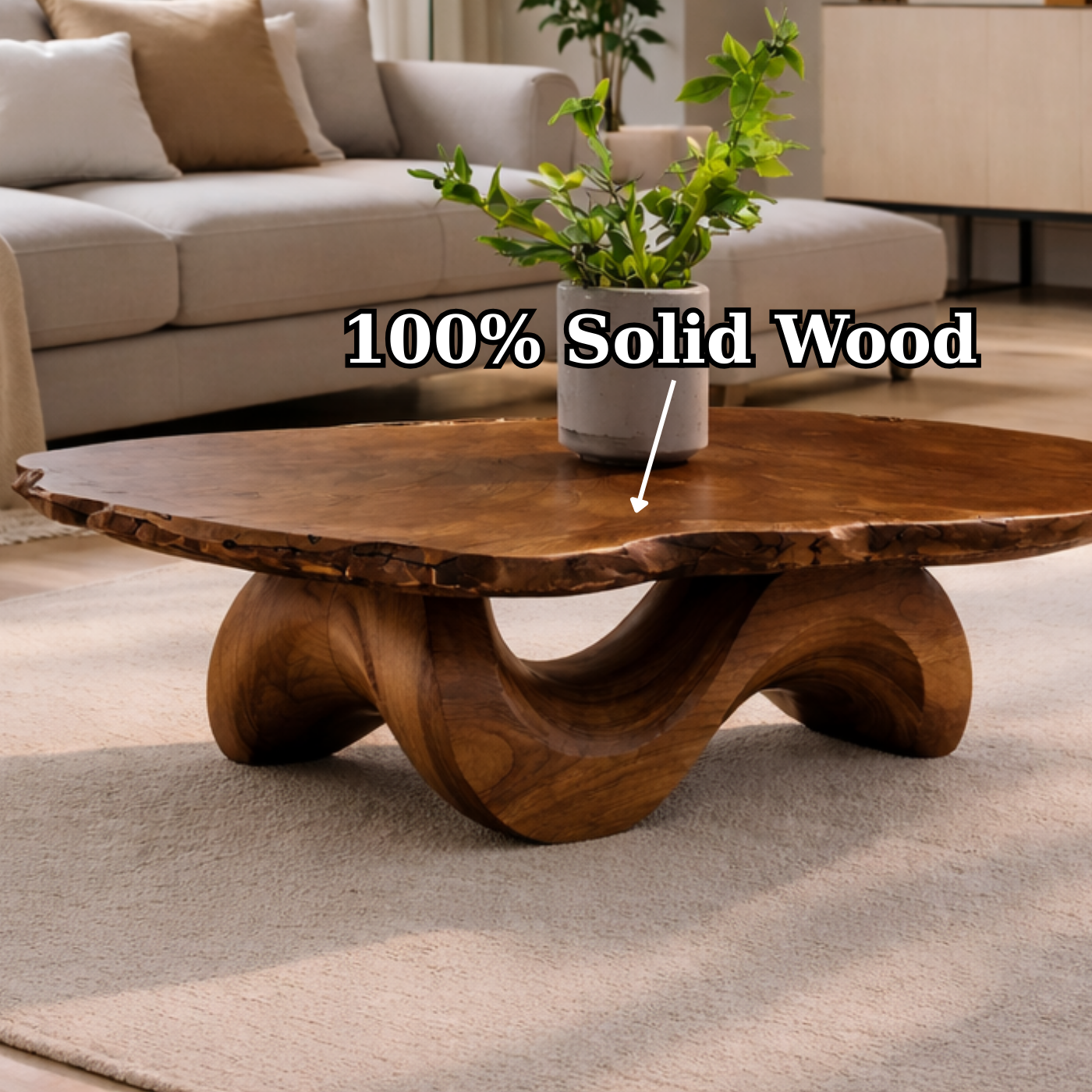 Live Edge Solid Wood Coffee Table with Sculptural Curved Base