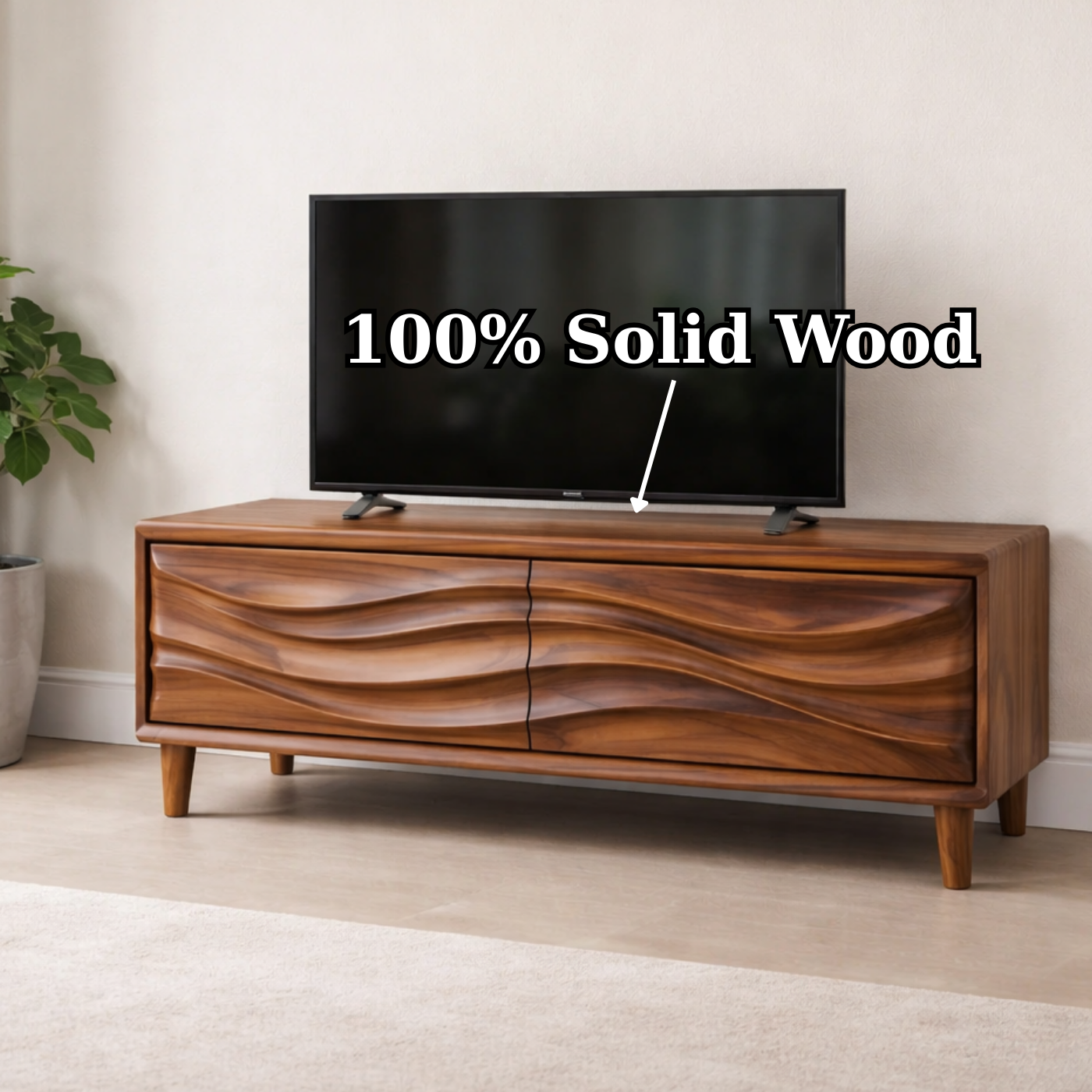 Solid Wood TV Stand for Modern Living Room with Wave Textured Front