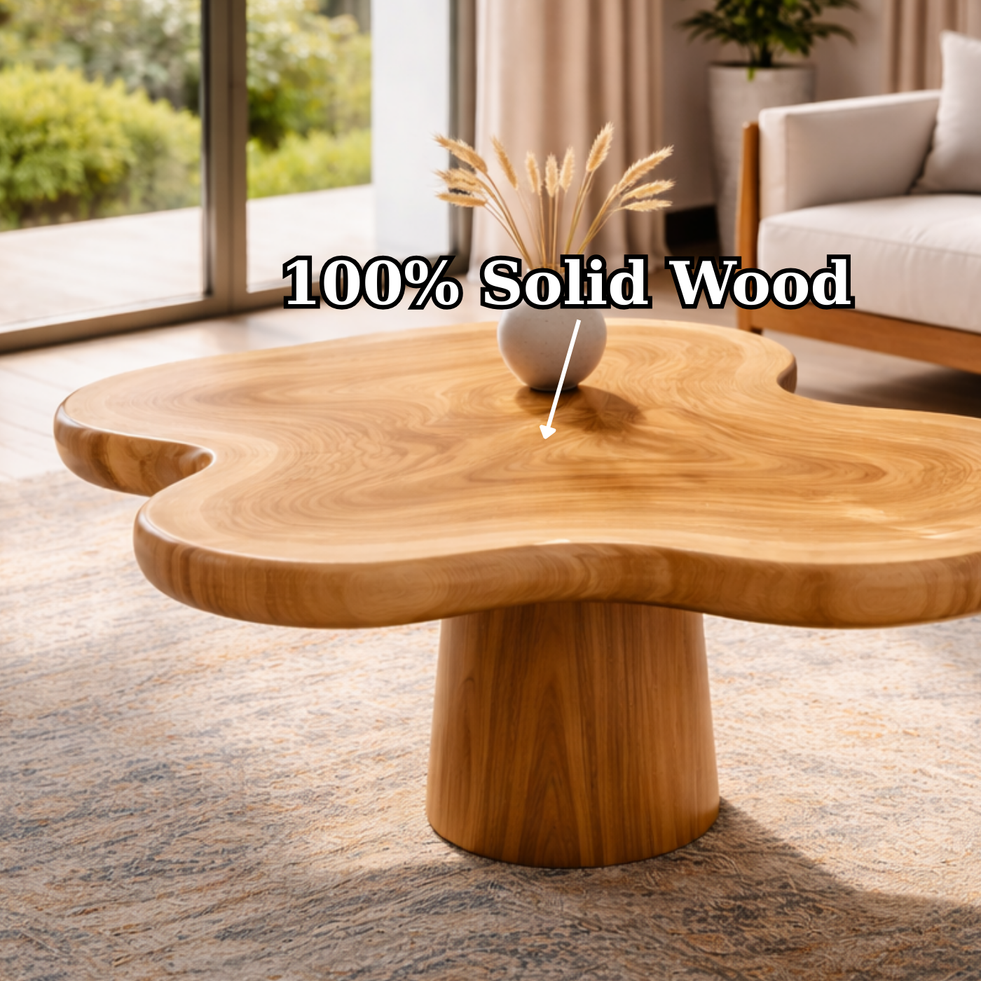 Organic Shape Solid Wood Coffee Table with Sculpted Pedestal Base
