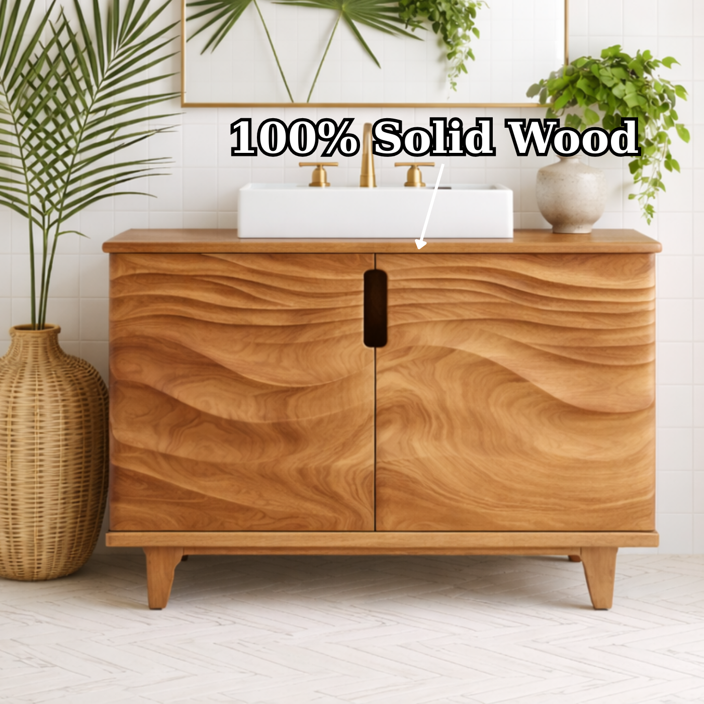 Solid Wood Bathroom Vanity for Modern Bathroom with Wave Textured Doors