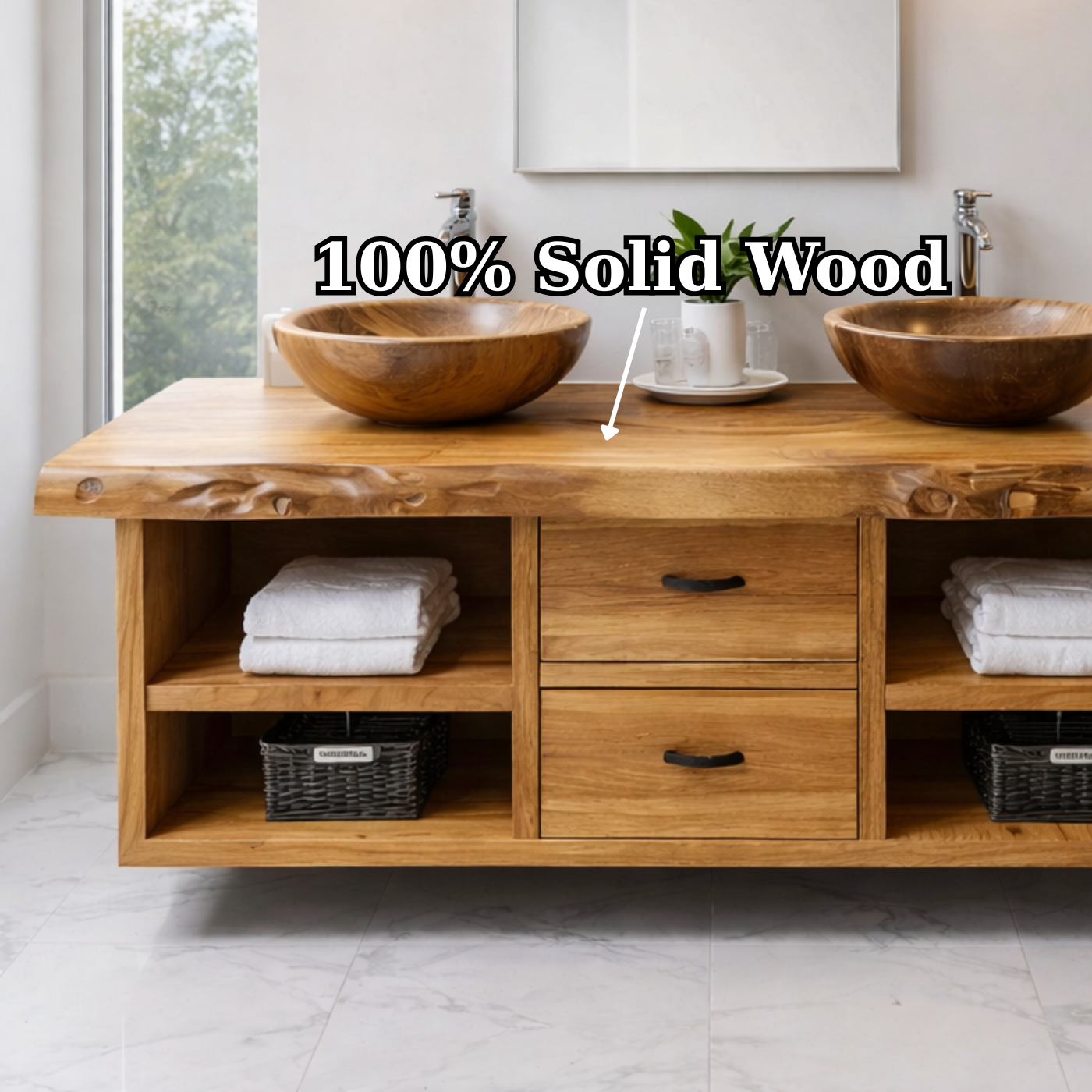 Floating Solid Wood Bathroom Vanity Cabinet with Drawers and Open Shelves
