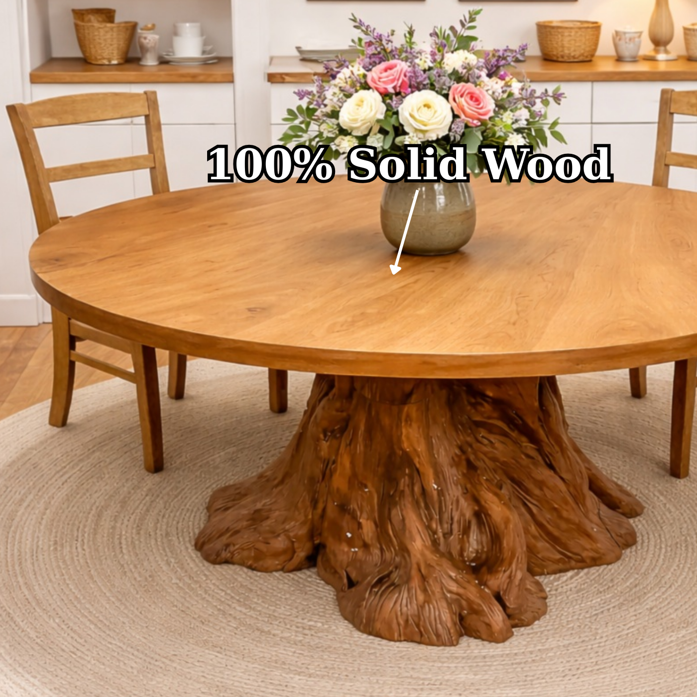 Round Solid Wood Dining Table with Natural Tree Stump Pedestal Base