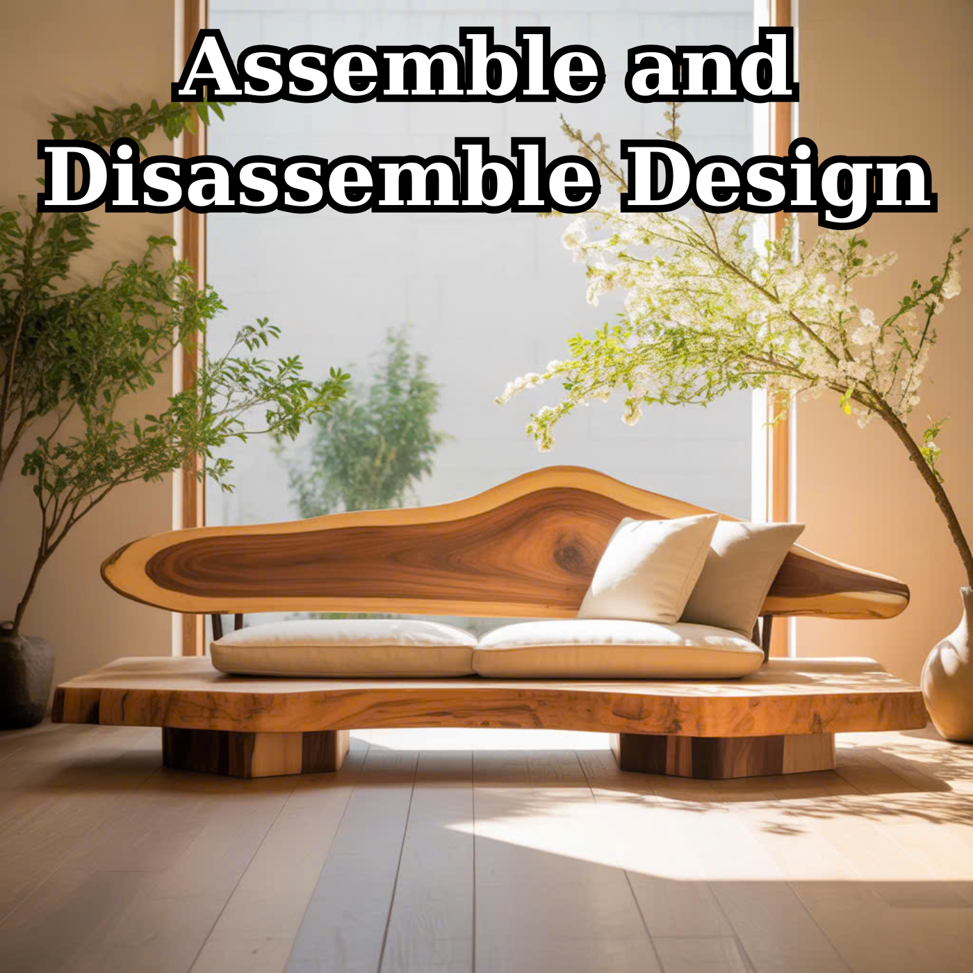Handcrafted Solid Wood Sofa – Sculptural Live Edge Couch with Organic Form and Linen Cushions Kitchnce