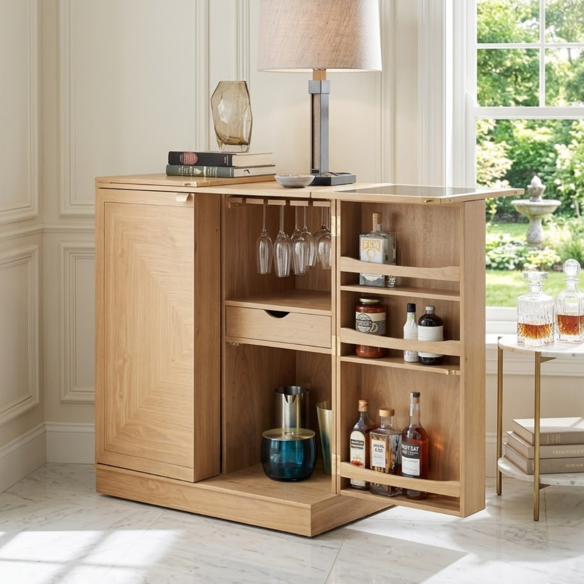 Contemporary Wooden Bar Cabinet, Fold-Out Entertaining Console with Glassware Storage
