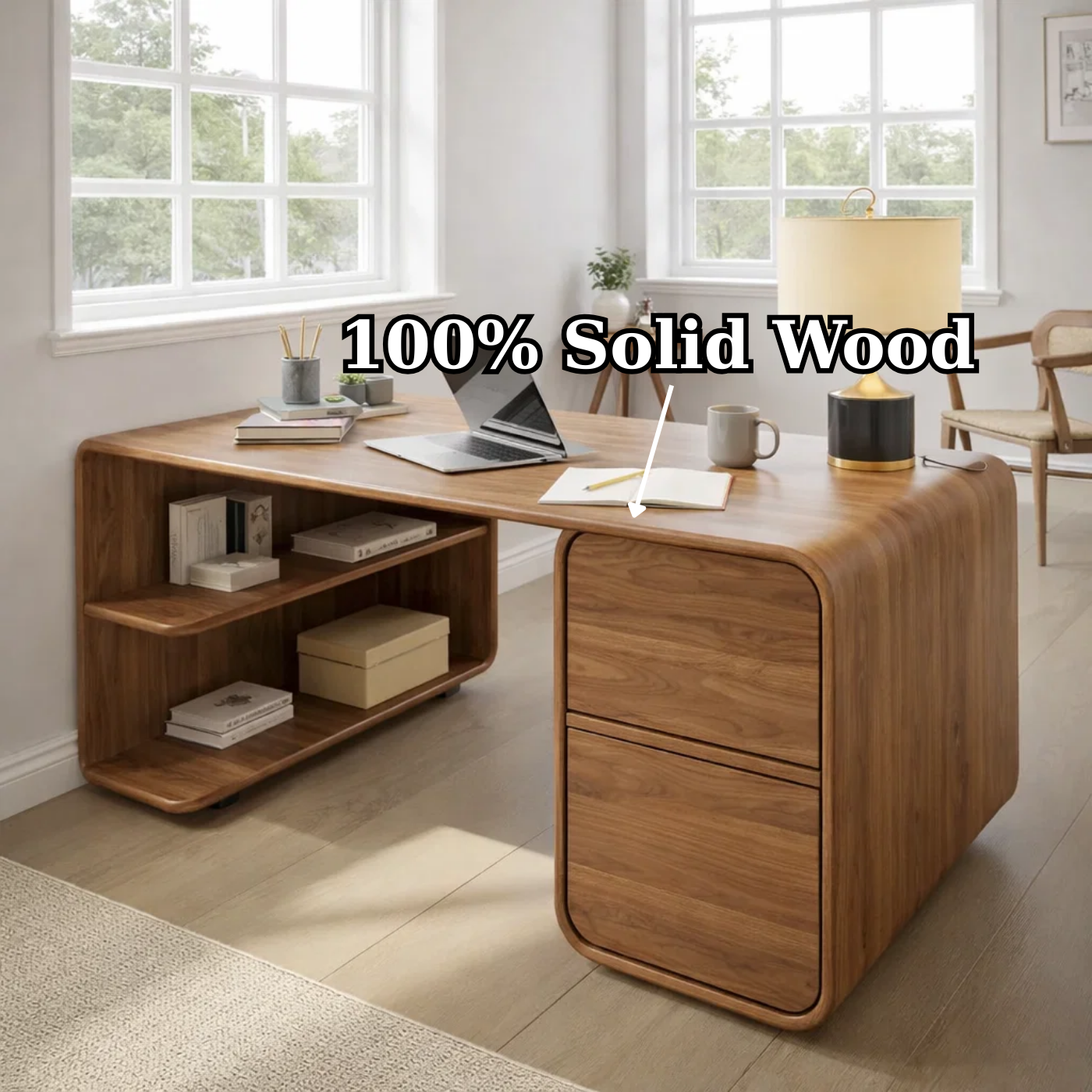 Modern L-Shaped Solid Wood Desk with Curved Silhouette and Integrated Storage