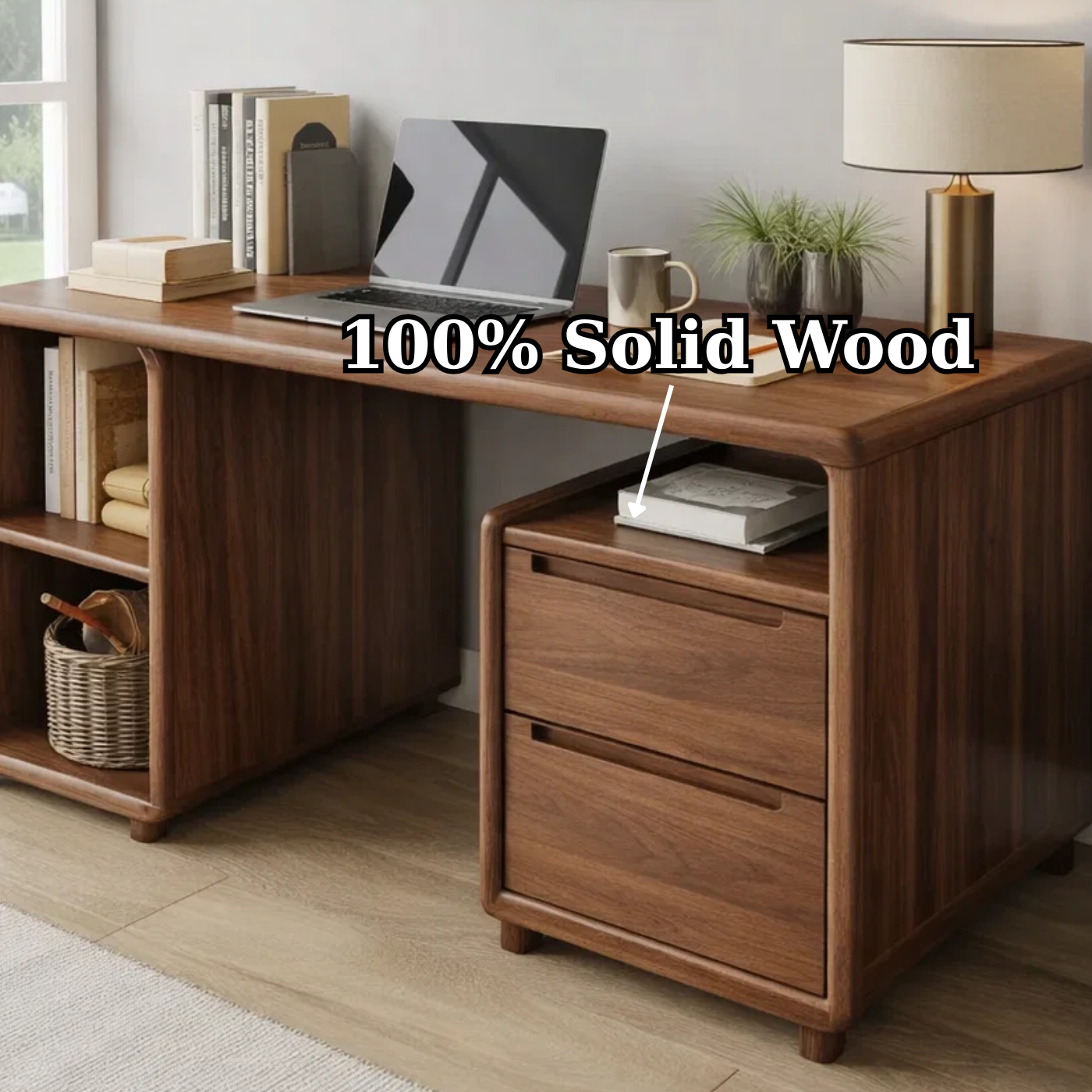 Modern Solid Wood Desk with Curved Edges and Integrated Storage Drawers
