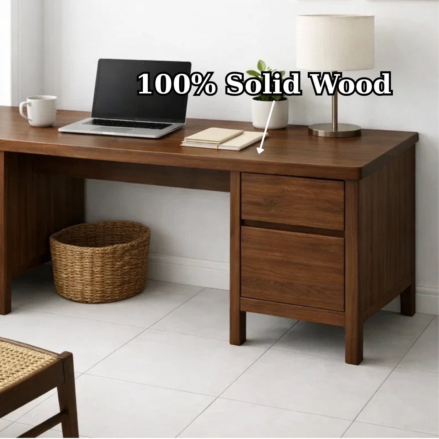 Solid Wood Executive Desk with Integrated Storage Drawers and Open Shelving
