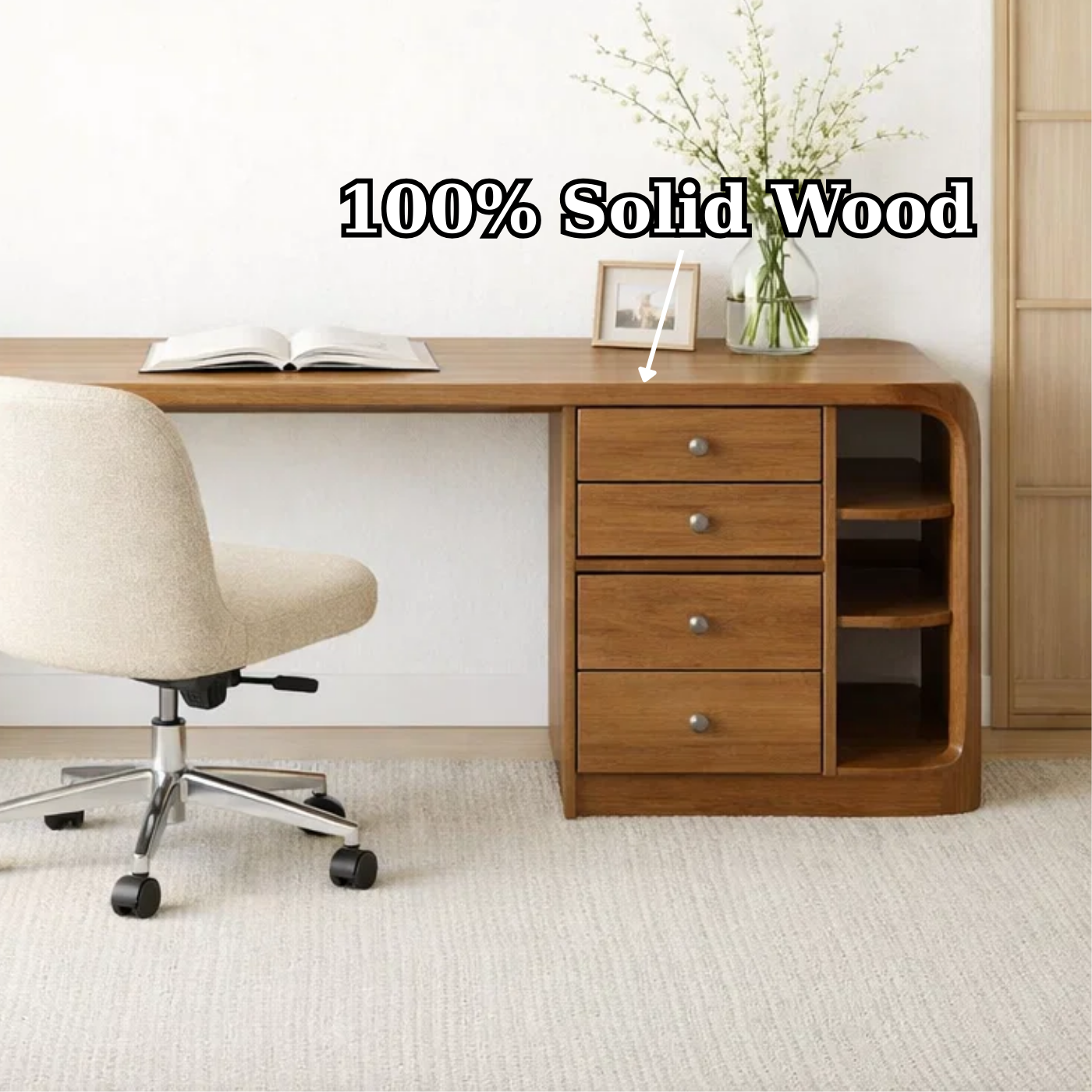 Solid Wood Waterfall Desk with Integrated Storage Drawers and Open Shelf