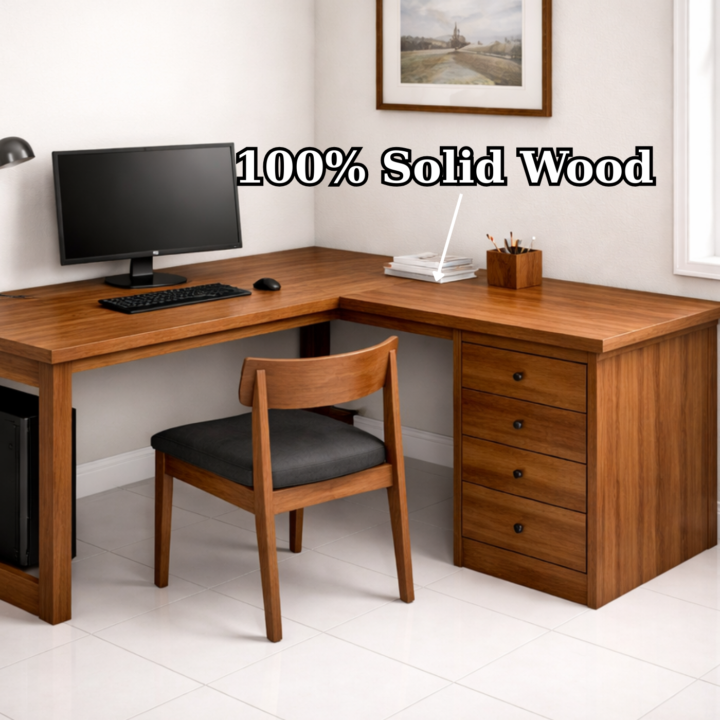 L-Shaped Solid Wood Executive Corner Desk with Storage Drawers