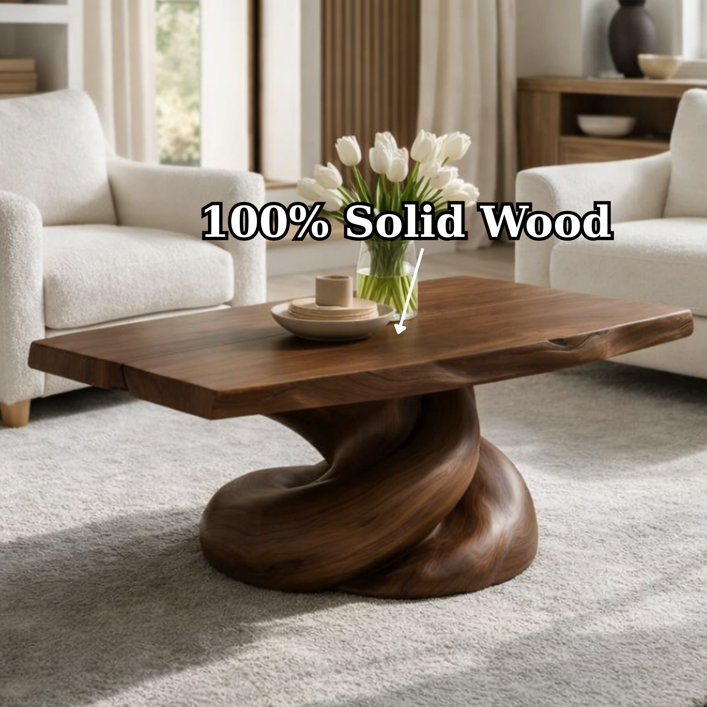 Solid Wood Coffee Table with Live Edge Top and Organic Sculptural Base