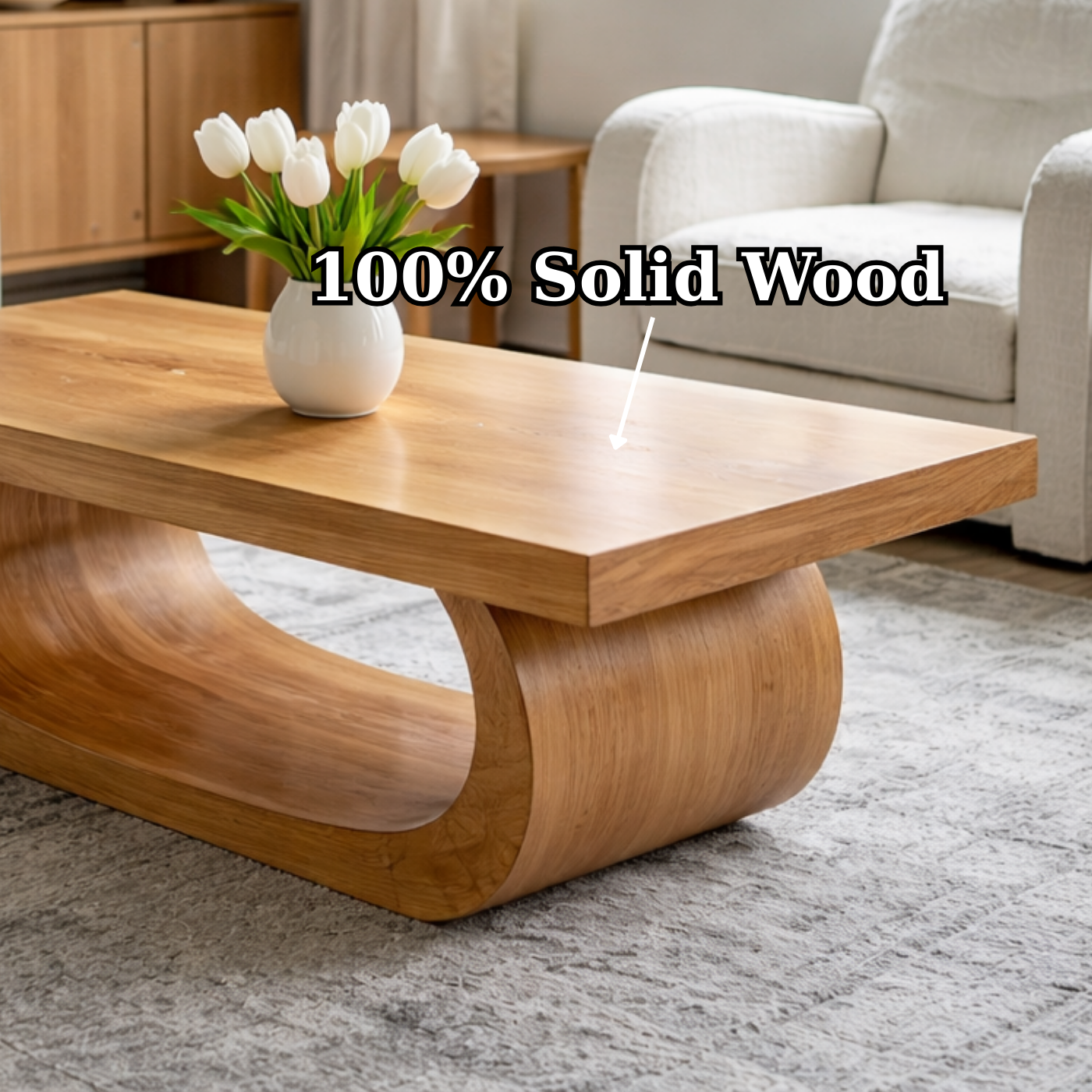 Solid Wood Coffee Table for Living Room with Curved Sculptural Base