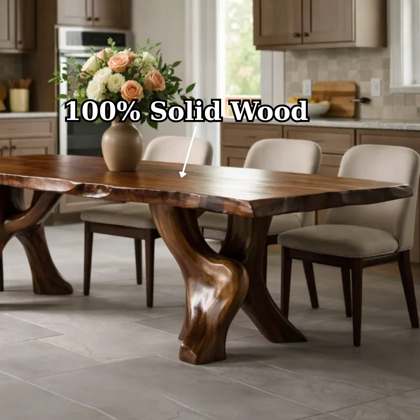 Solid Wood Live Edge Dining Table with Sculpted Organic Pedestal Legs
