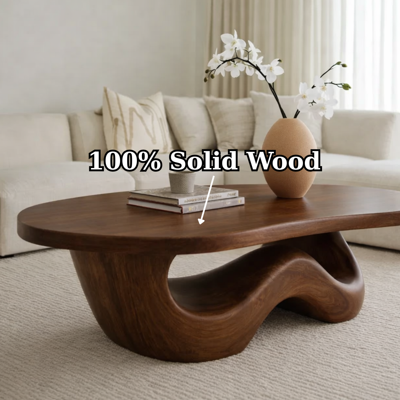 Solid Wood Coffee Table with Sculpted Organic Wave Base