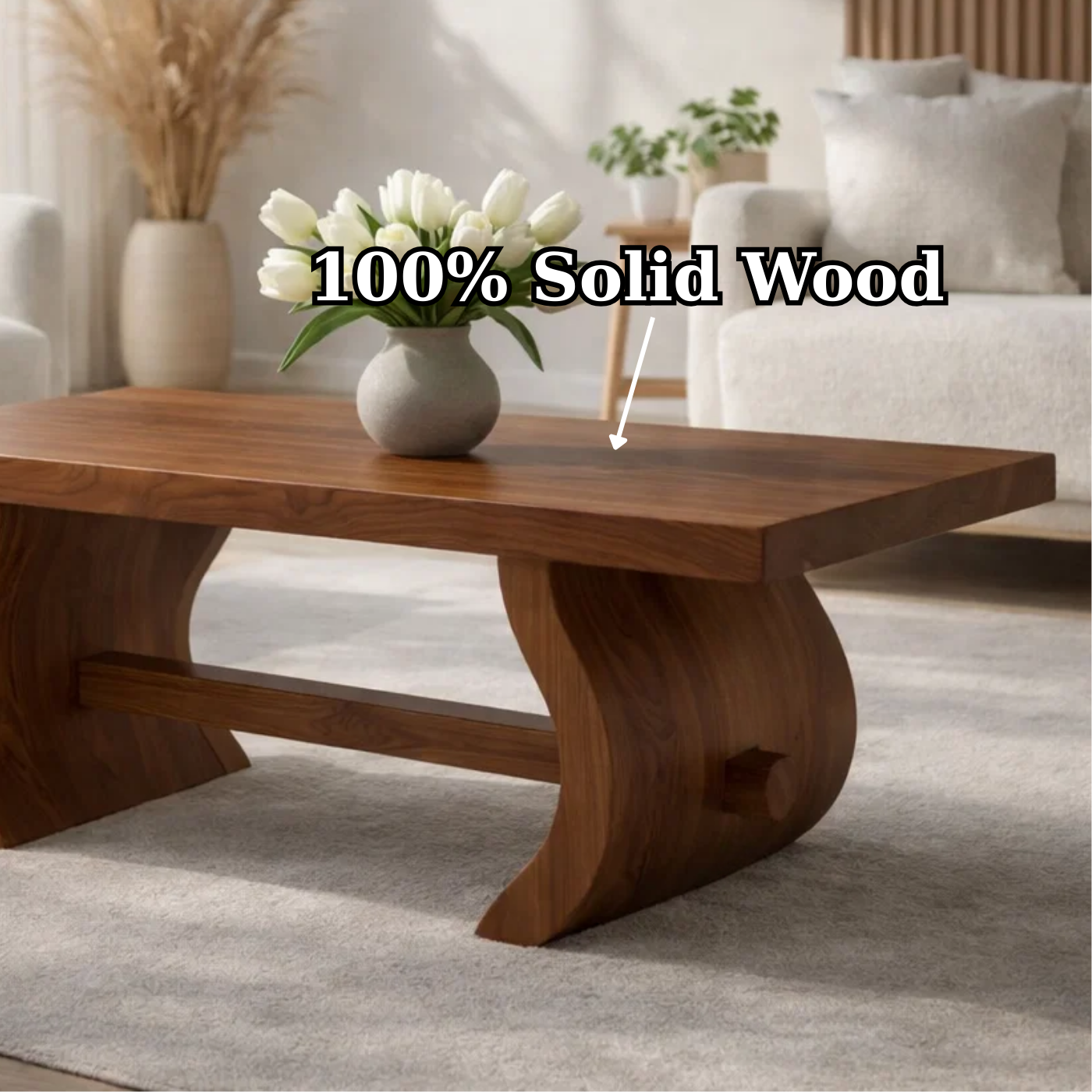 Solid Wood Coffee Table for Modern Home with Sculpted Curved Legs