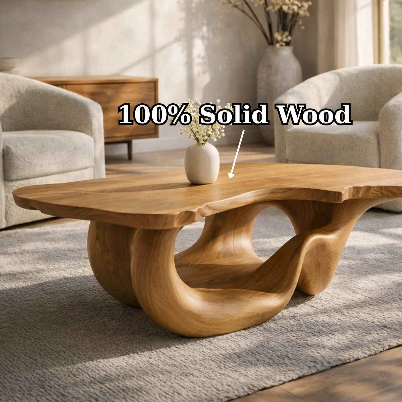 Solid Wood Live Edge Coffee Table for Modern Living Space with Sculptural Base