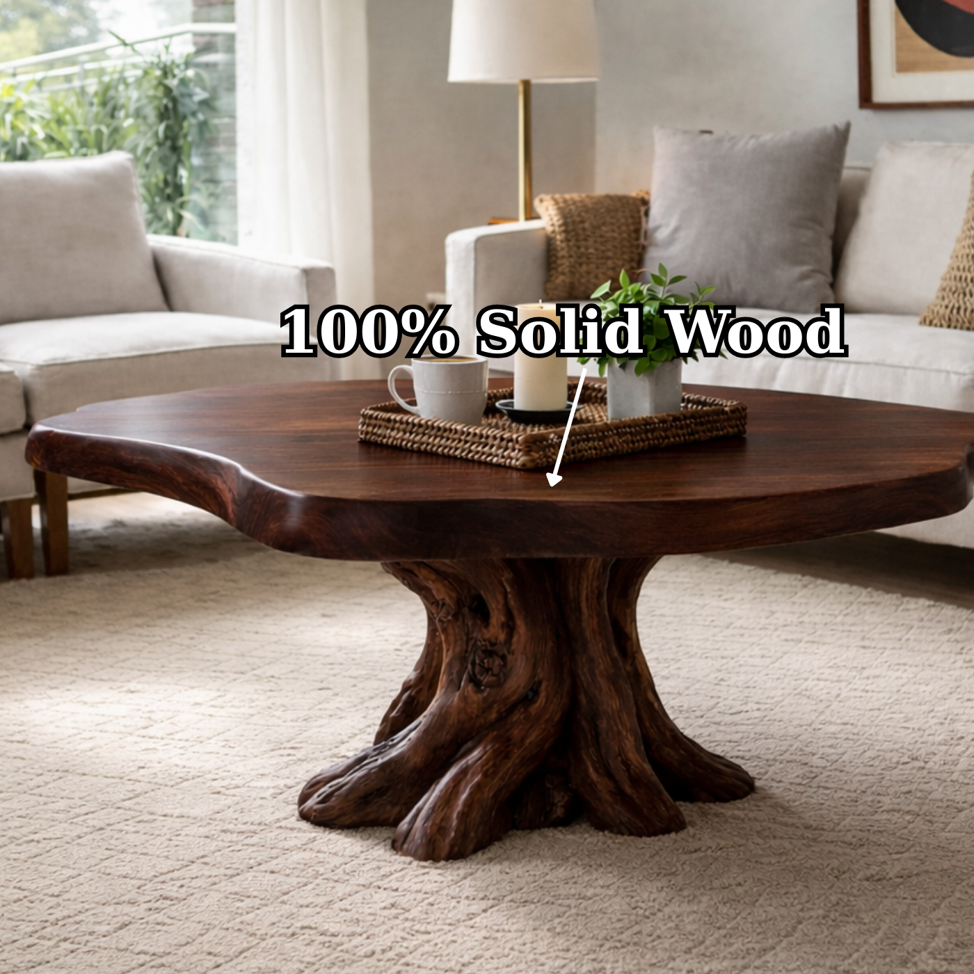 Solid Wood Round Coffee Table for Rustic Living Room with Tree Root Base