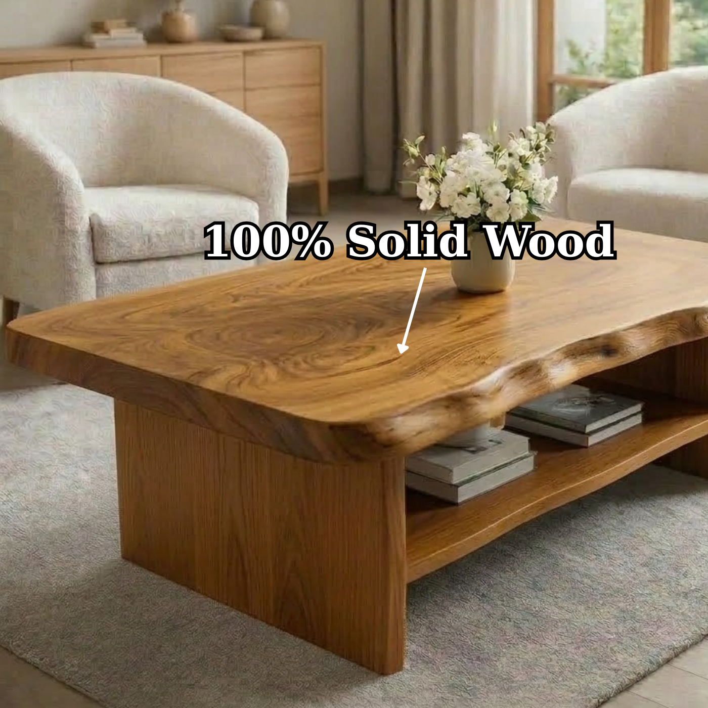 Solid Wood Coffee Table for Living Room with Live Edge Top and Storage Shelf