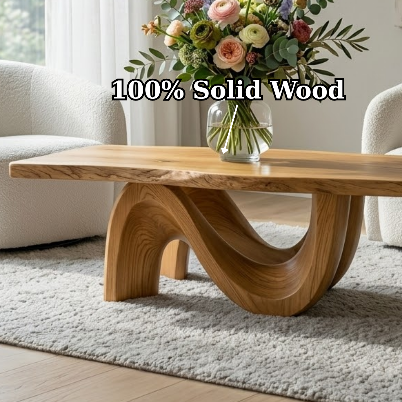 Solid Wood Coffee Table for Modern Living Room with Sculptural Curved Base