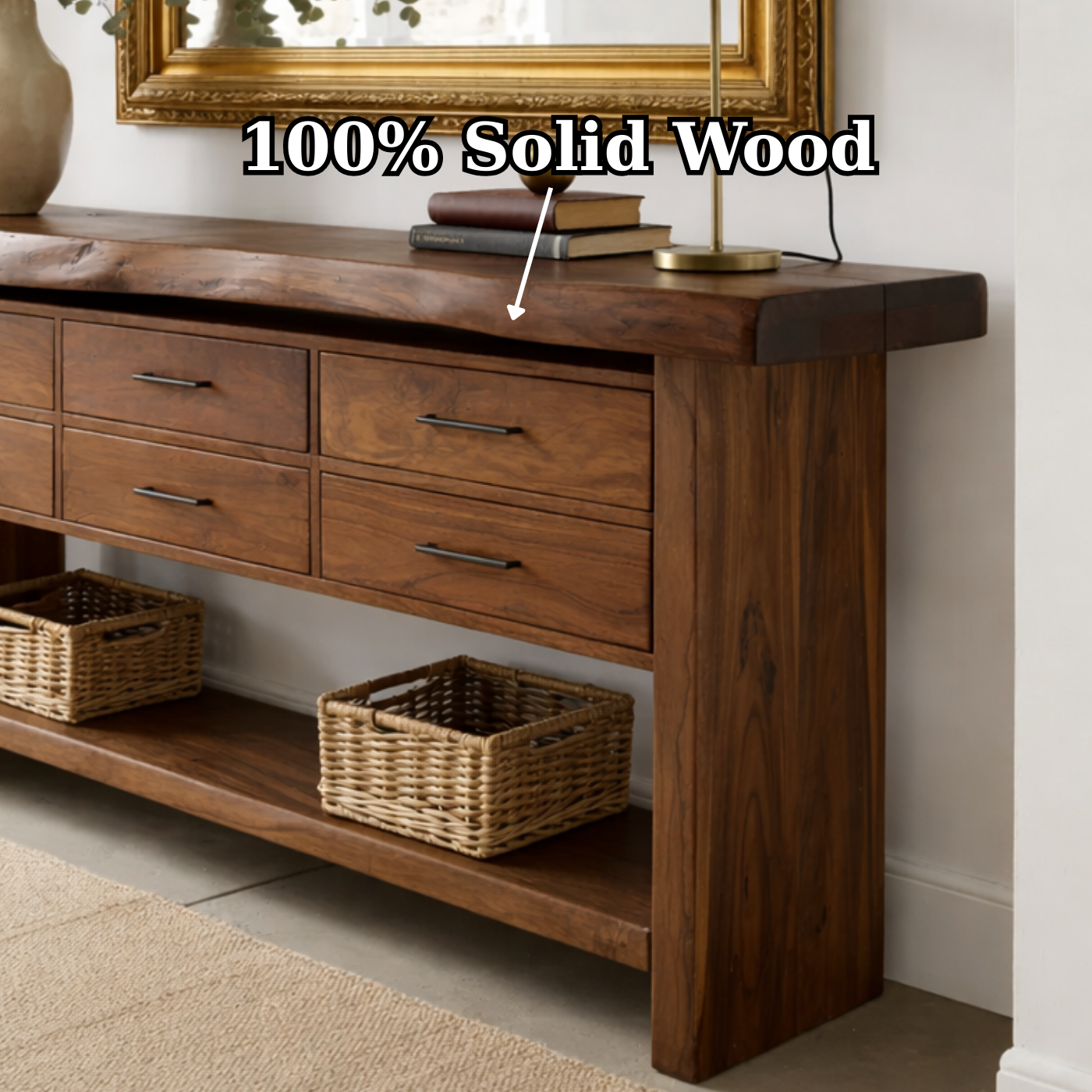 Solid Wood Console Table with Live Edge Top and 6 Drawers