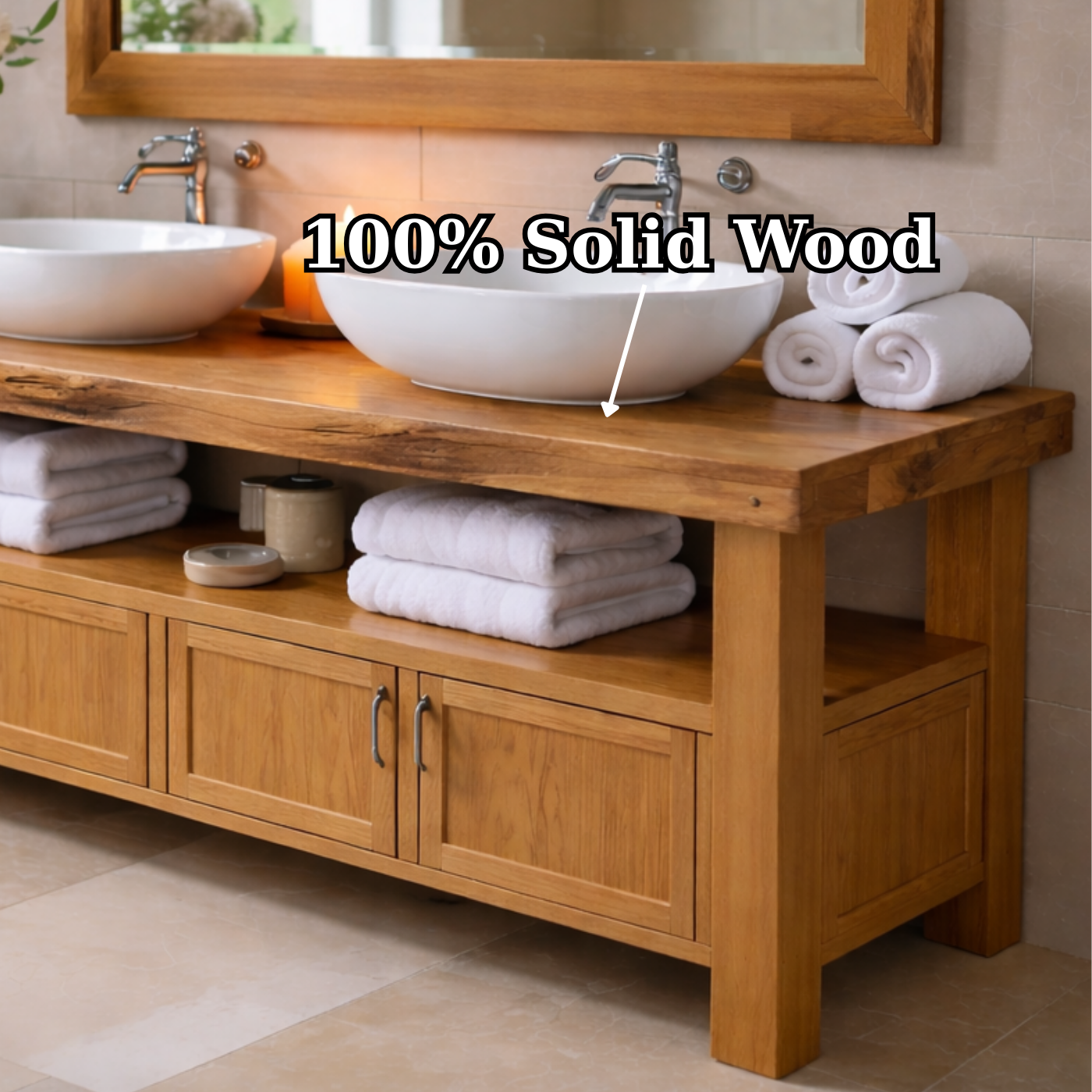 Solid Wood Bathroom Vanity with Storage Cabinet and Open Shelf